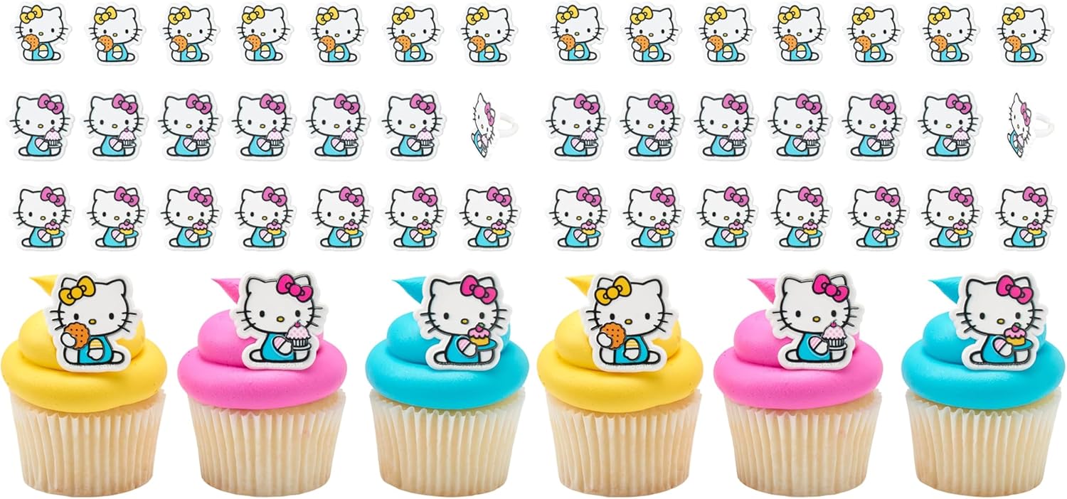 DecoPac Hello Kitty® Rings, Cupcake Decorations Featuring Hello Kitty and Mimmy, Pink And Yellow - 24 Count (Pack of 2)