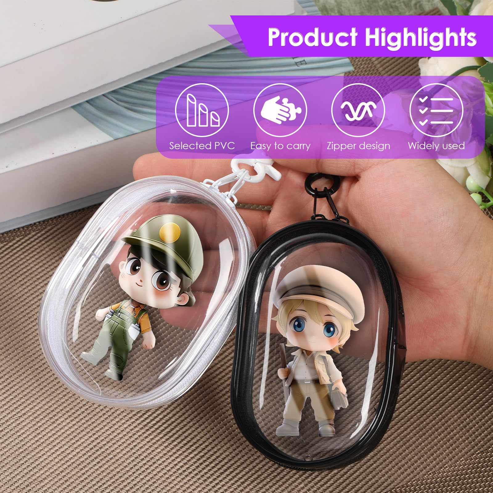 Hnvdkln 6 PCS Clear Figure Display Bag with Keychain, Small Figure Display Bag for Sonny Baby, Waterproof PVC Doll Bag, Closure Dustproof Clear Figure Pouch for Collectibles Mini Figures