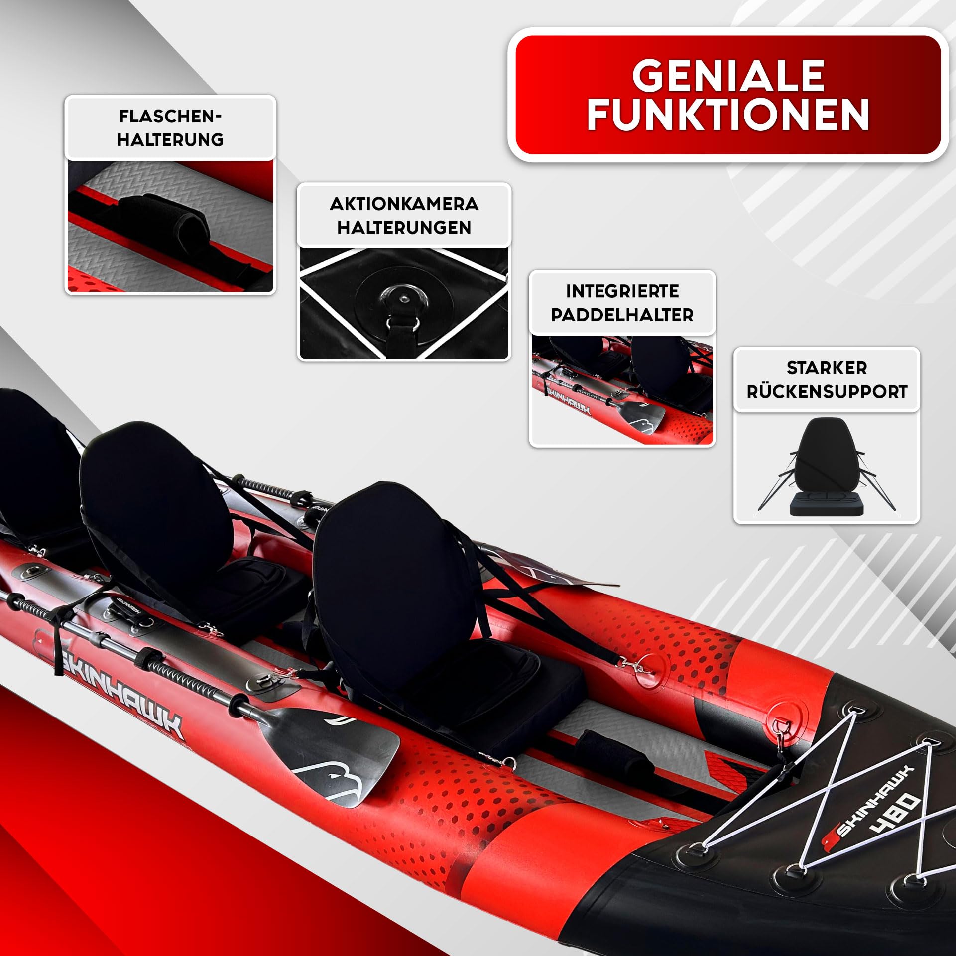 SKINHAWK Exclusivo juego de kayak rojo 480 – bote inflable – canoa – 480 x 96 cm – kayak para 3 personas
