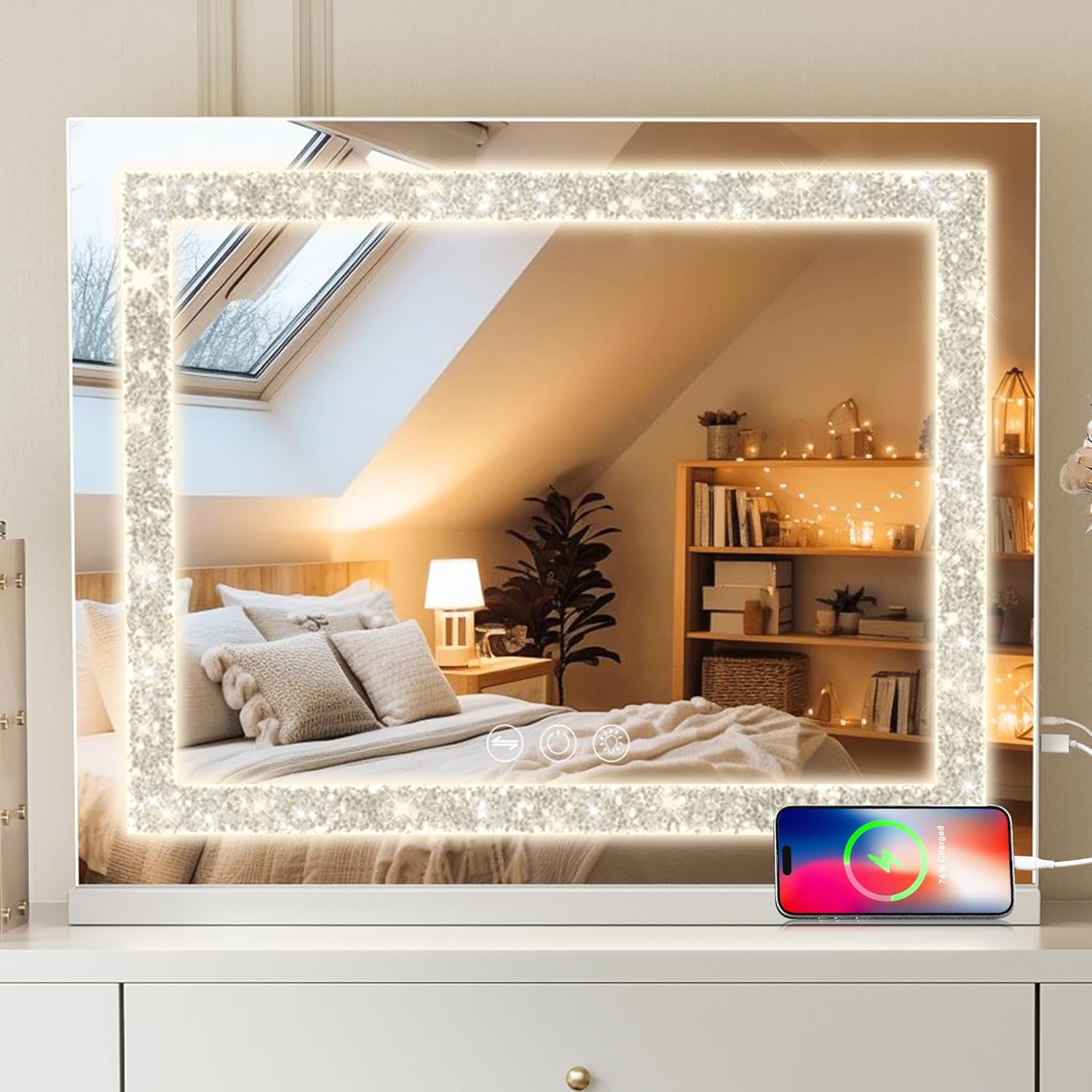 fenair vanity mirror with lights 22.8’ * 18.1’ diamond light strip makeup mirror with tempered glass, 3 color modes light up mirror with usb charging port, 10x magnification and smart touch, white 18.1"l x 22.8"w