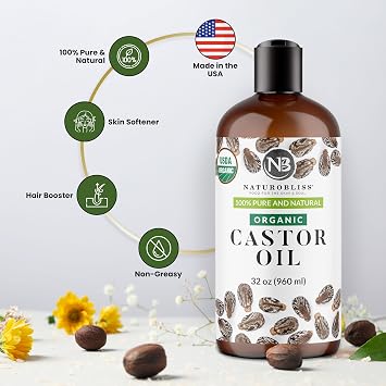 NaturoBliss 100% Pure Organic Castor Oil Expeller-Pressed & Hexane-Free Professional/Salon Size for Hair, Skin, Lashes & Brows, with Beauty Starter Kit 32 fl oz (Bulk Value)