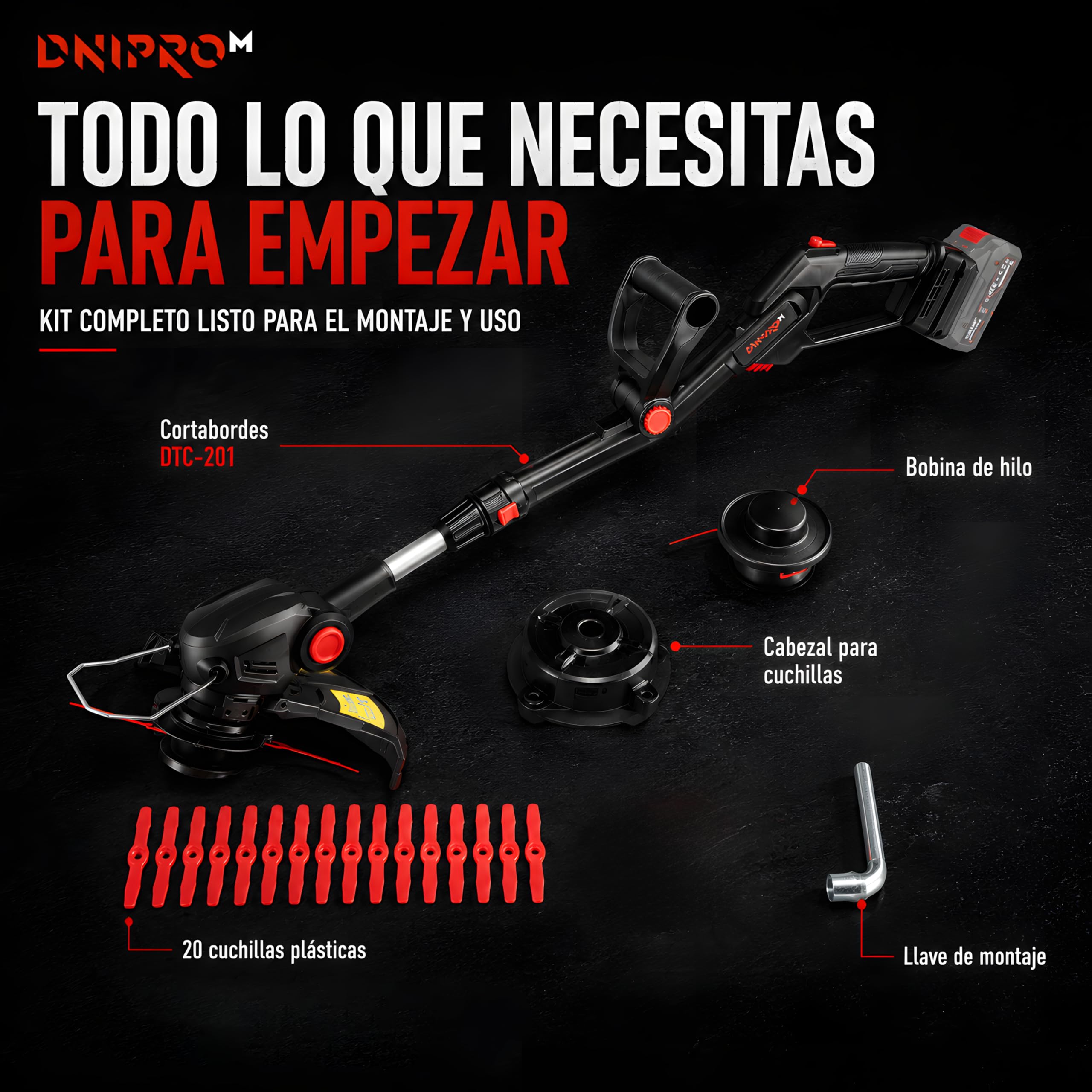 Cortabordes Inalámbrico 20V con Batería 2Ah BP-220 y Cargador, Recortadora de Césped con Barra Telescópica, Compatible DM20 con Más de 300 Herramientas, DTC-201