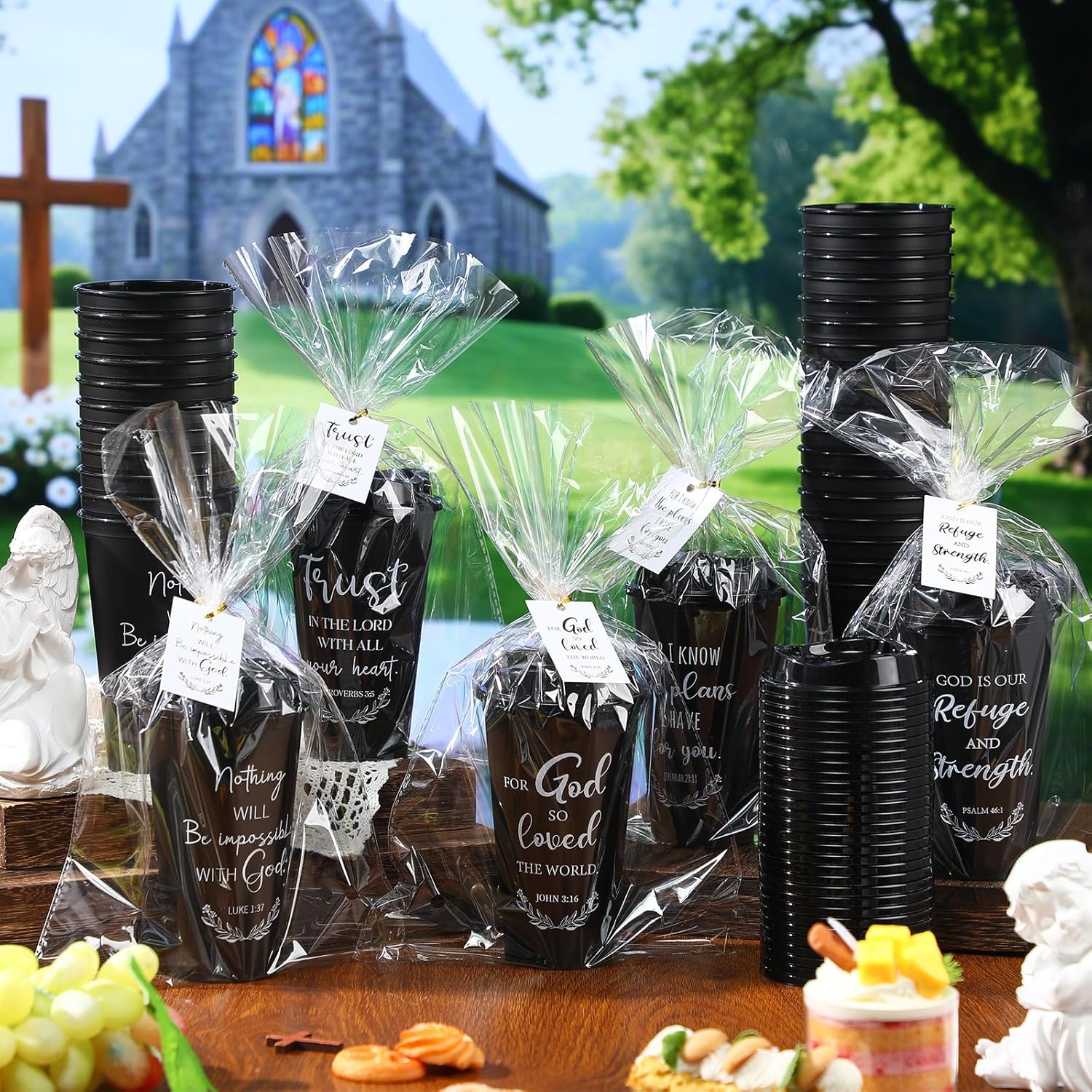 LemonRoad 40 Sets Christian Gifts Bulk 16oz Reusable Bible Verse Coffee Cups with Lids Cards and Gift Bags Inspirational Religious Gifts for Church Party (Black) - Image 3