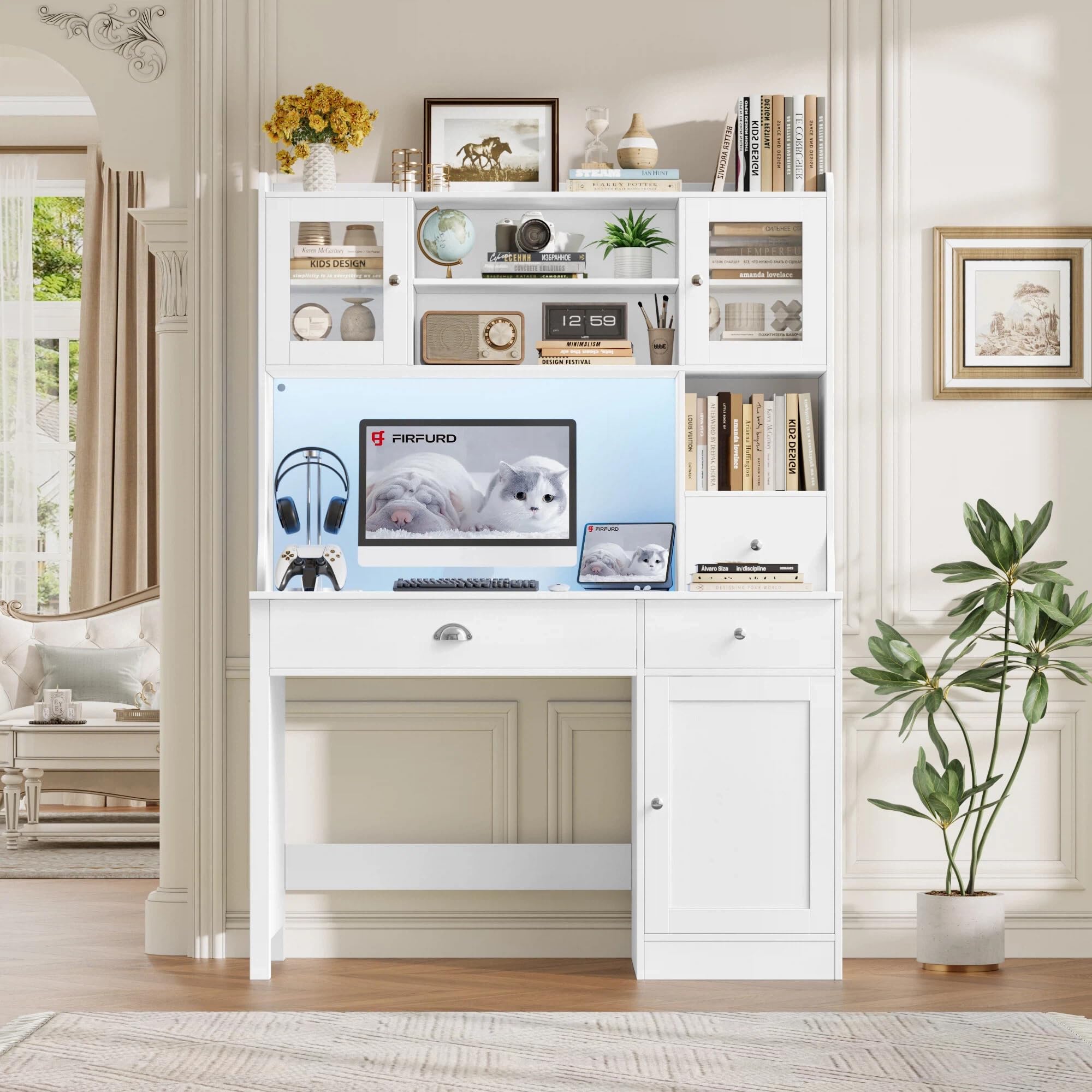 FirFurd Scrivania con Cassetti,Scrivania con 2 Prese e 2 USB 120x48x165cm | Scrivania Gaming a Luci LED Multicolori,Toeletta da Trucco a Cassettiera e 3 Ante,Ripiani Regolabili,per Casa Ufficio,Bianco