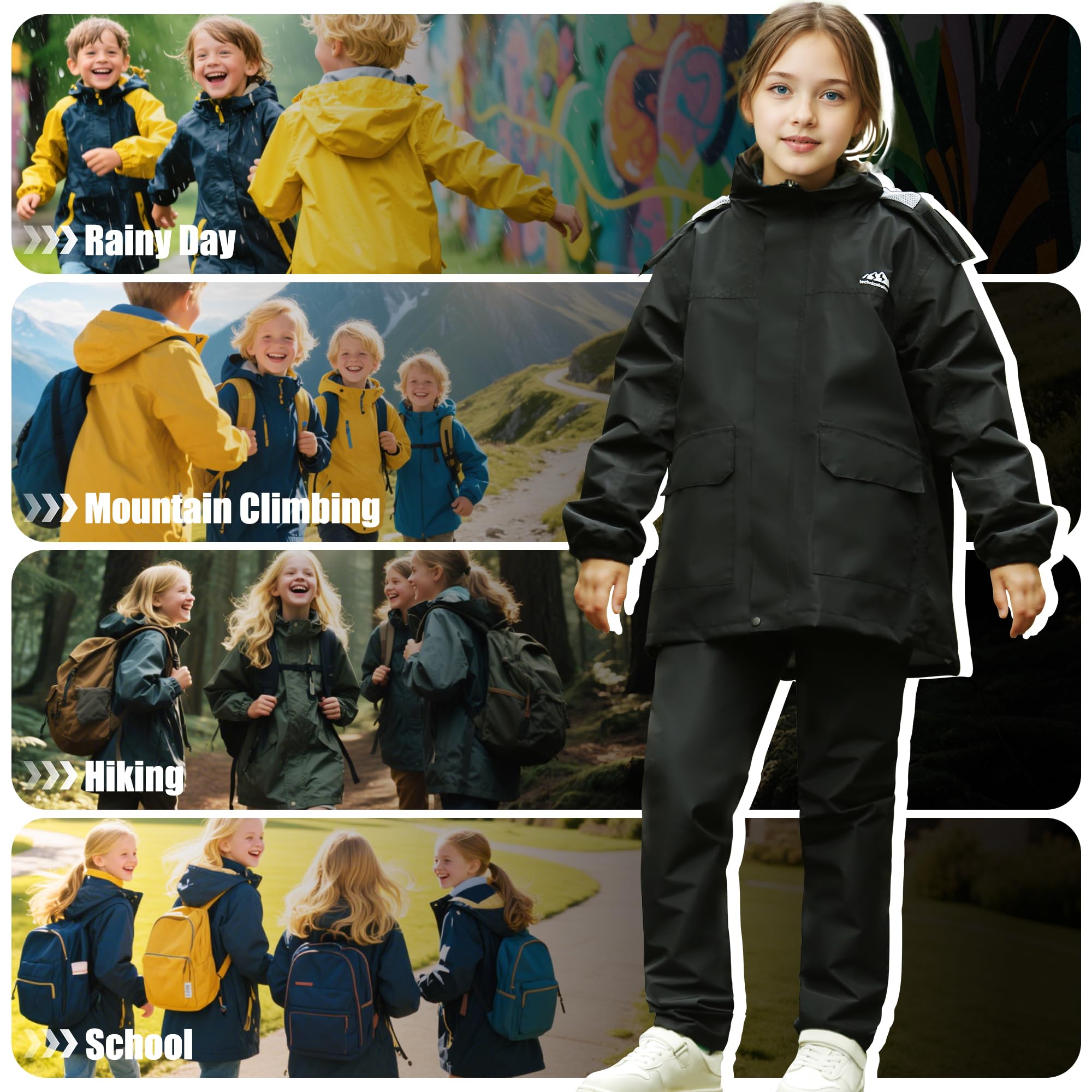 Tuta Impermeabile Bambini, Leggero Antipioggia Giacca con Cappuccio e Pantaloni Set, Unisex Ragazze Ragazzi Impermeabili Pioggia Completo Sportivo All'aperto Abbigliamento per 8-14 anni