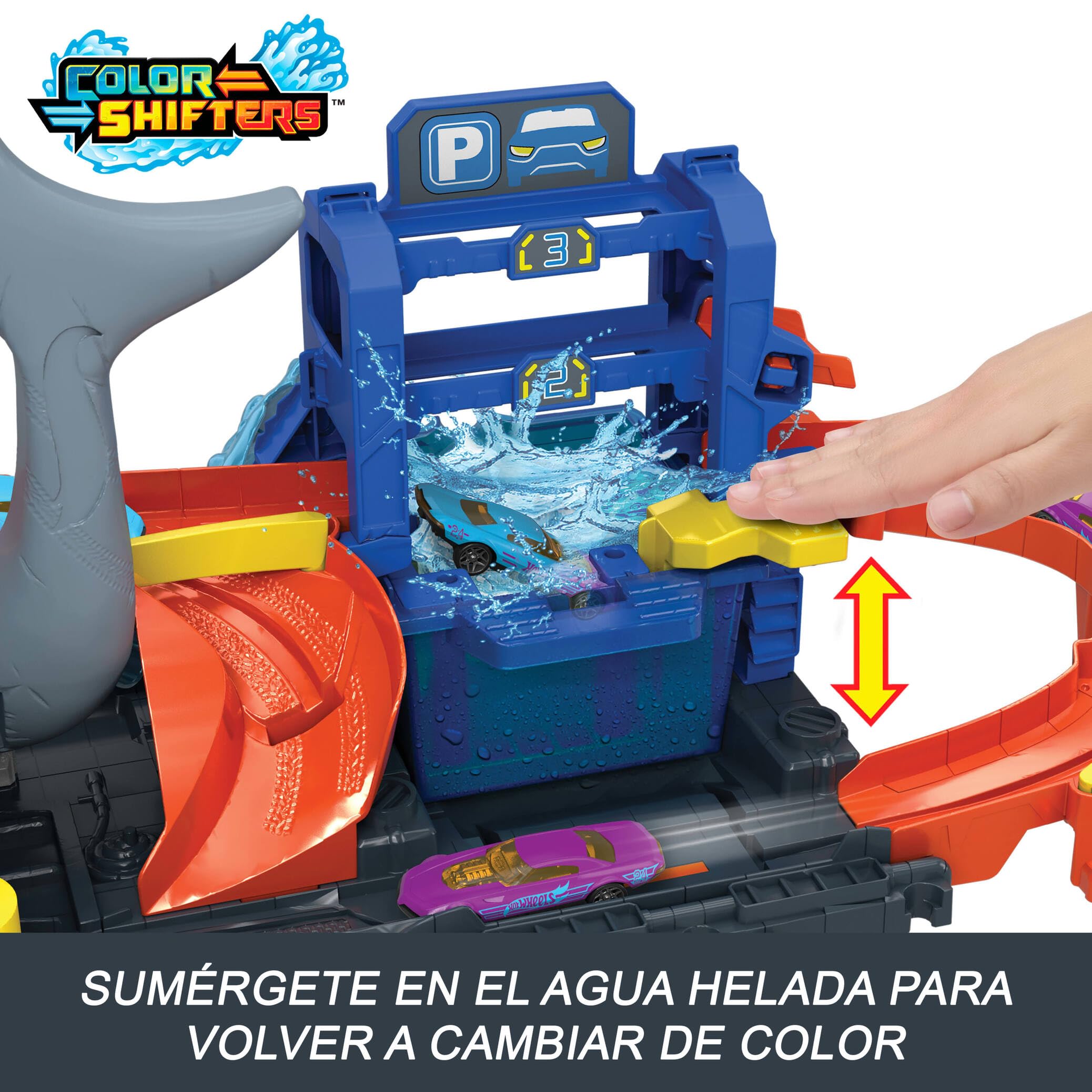 Hot Wheels City “Let's Race - ¡a correr!” Netflix - Túnel de lavado de coches con tiburón, pista para coches de juguete, incluye 1 vehículo que cambia de color con agua, juguete +4 años (HTN82)