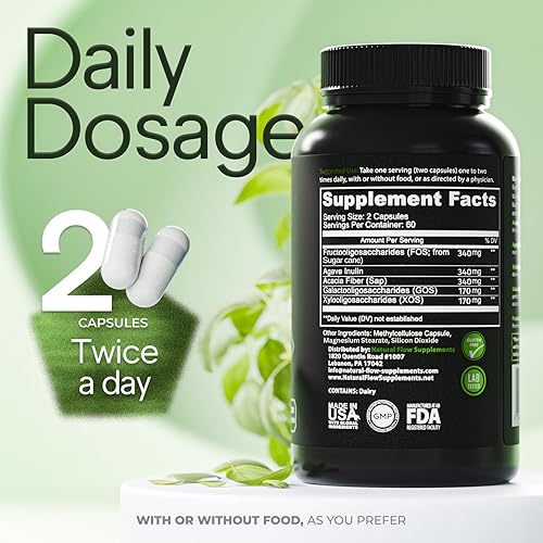 Miniatura 4 de Suplemento de fibra prebiótica 5 en 1 cápsulas – Flujo natural 5X fibra XOS, GOS, FOS, acacia e inulina de agave, fórmula de fibra soluble diaria