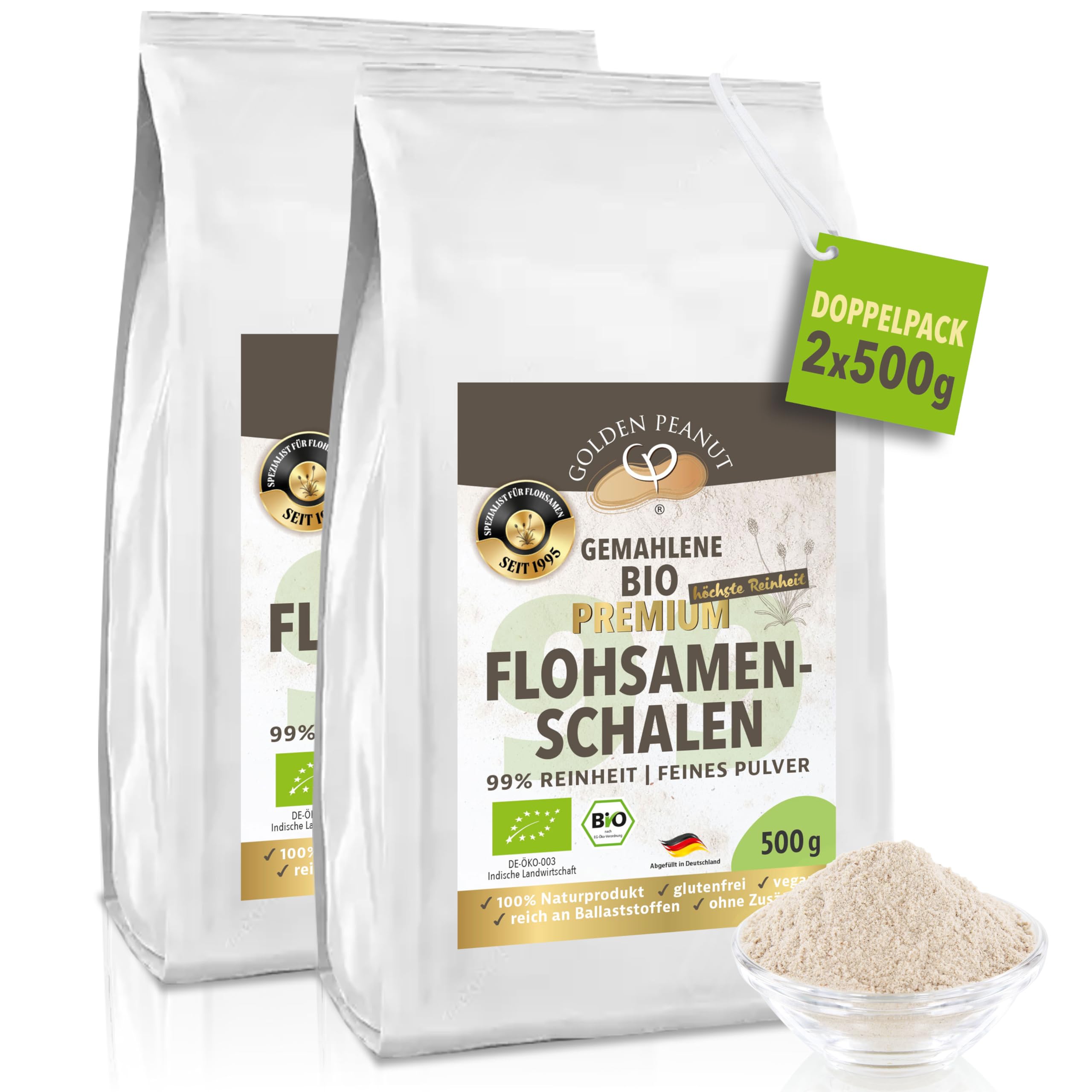 Cáscaras de semillas de psyllium orgánicas en polvo 99%, finamente molidas, 2 bolsas de 500 g, extra blancas, reducido de gérmenes, de cosecha fresca y zonas de cultivo seleccionadas en la India