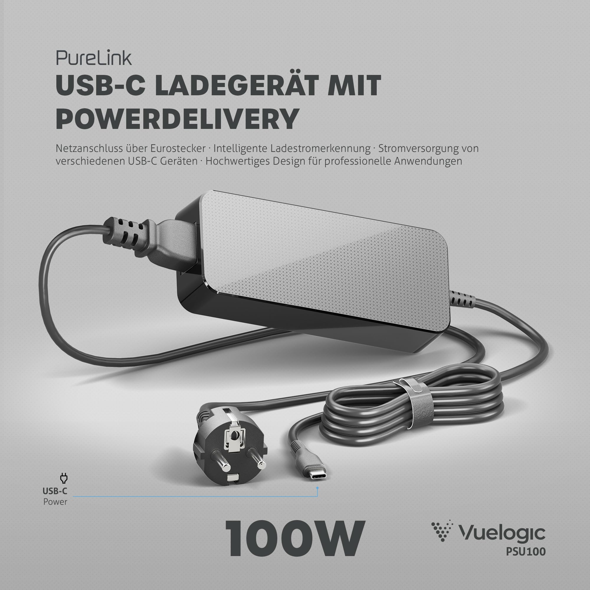 Vuelogic USB-C Power Supply 100W, Cargador rápido PD, tecnología GAN, Cargador para portátil y Dispositivos móviles, Negro