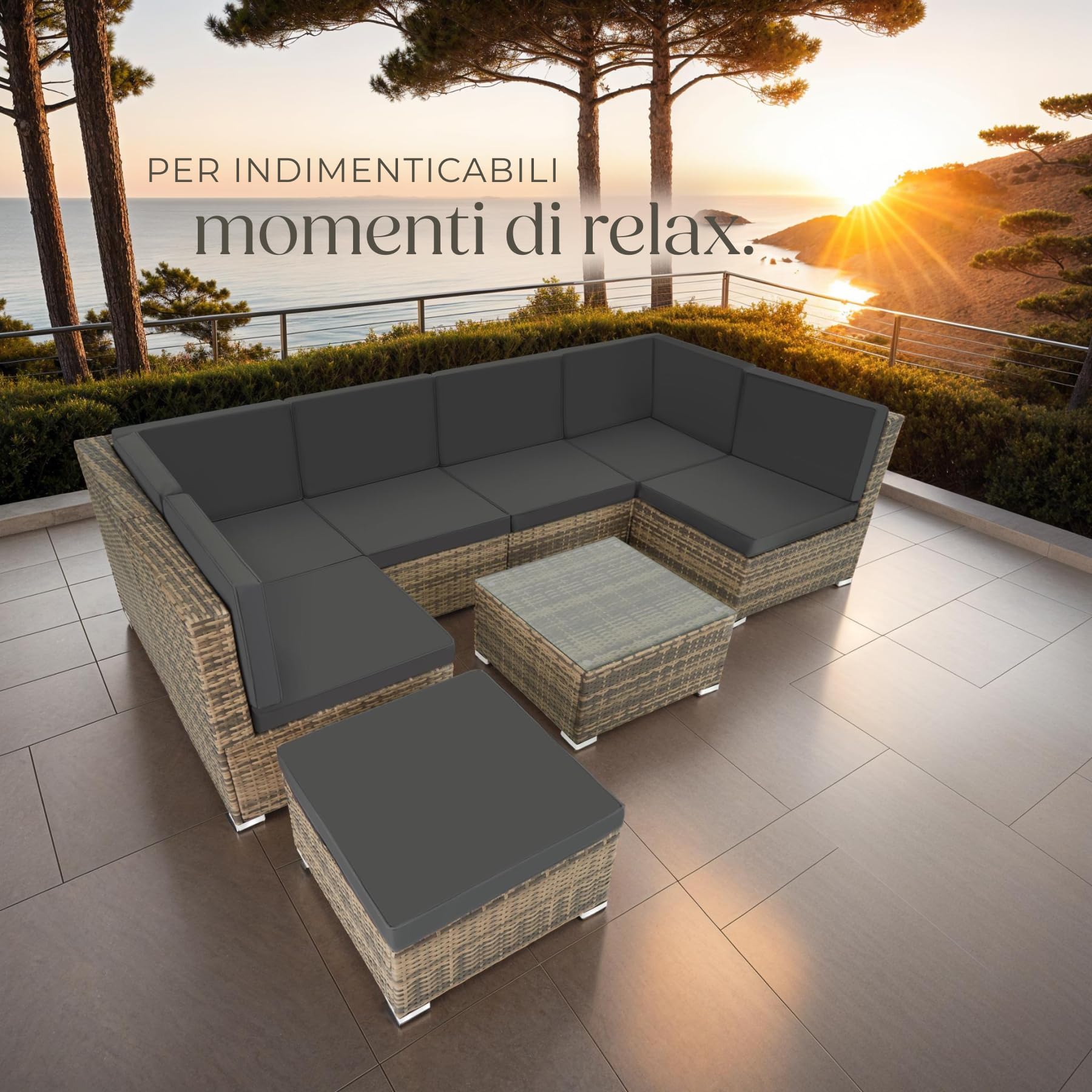 Tectake Set di Salottino in Rattan Venezia 6 Sedili 1 Sgabello 1 Tavolino Resistente alle Intemperie Viti in Acciaio Inox Giardino Esterno