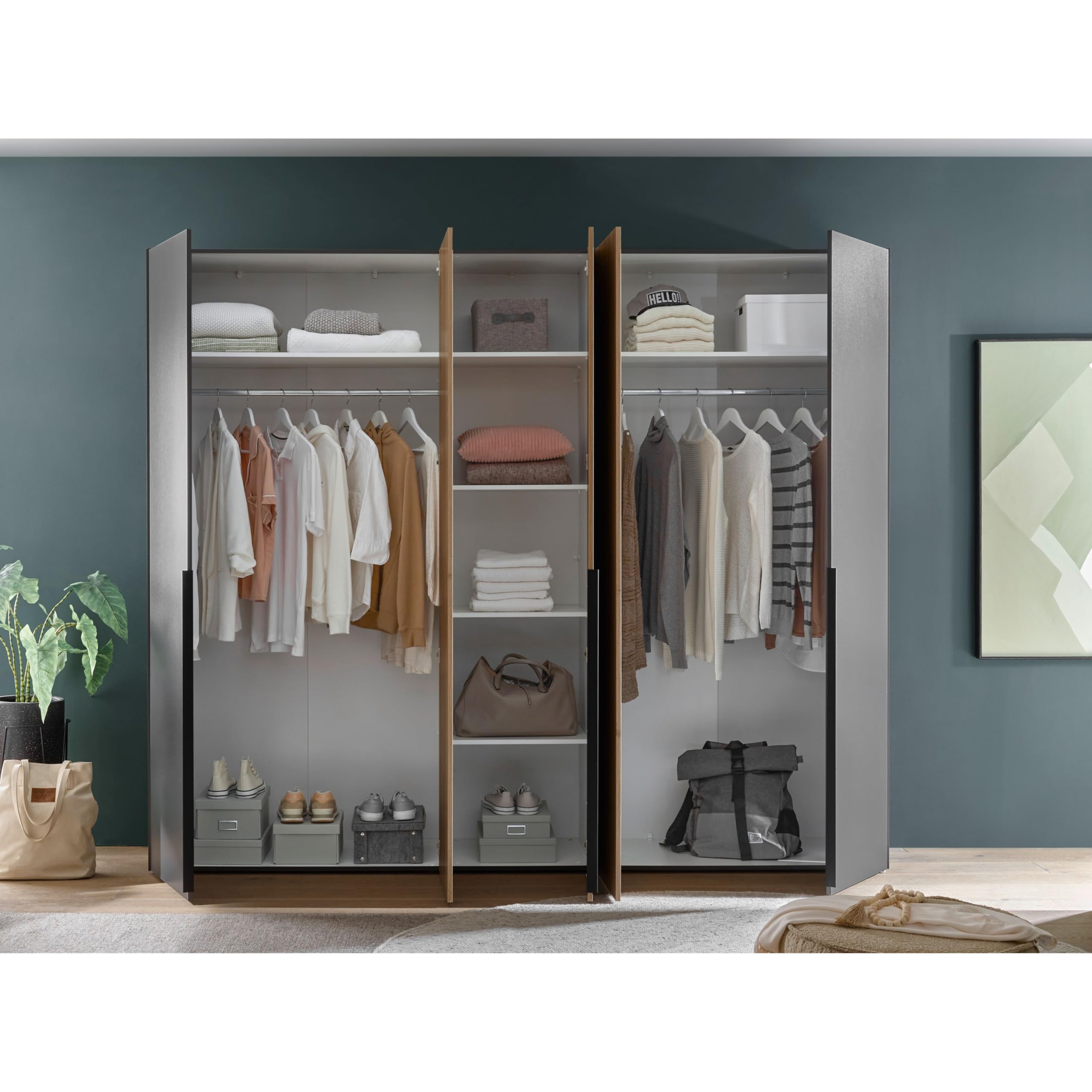 Stella Trading ASKA Kleiderschrank in Graphit, Mauvella Eiche Optik - Vielseitiger Drehtürenschrank 5-türig für Ihr Schlafzimmer - 249 x 210 x 53 cm (B/H/T)