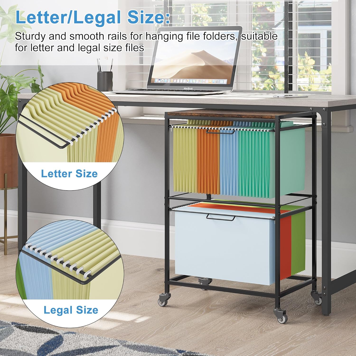 EasyPAG Rolling Hanging File Folder Cart, 2 Tier Metal Pull-Out File Rack for Letter and Legal Size Folders, Portable Filing Cart for Office Home, Black