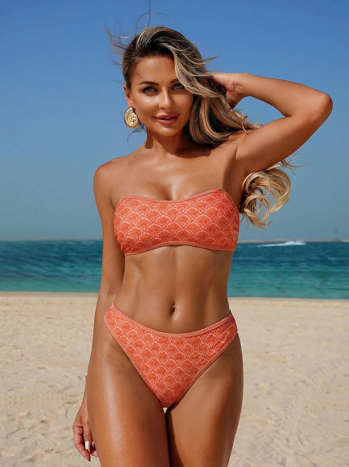 ZAFUL Bandeau Bikini Sets for Women Floral Two Piece Swimsuit Strapless Mid Waisted Bathing Suits wirh Removable Straps