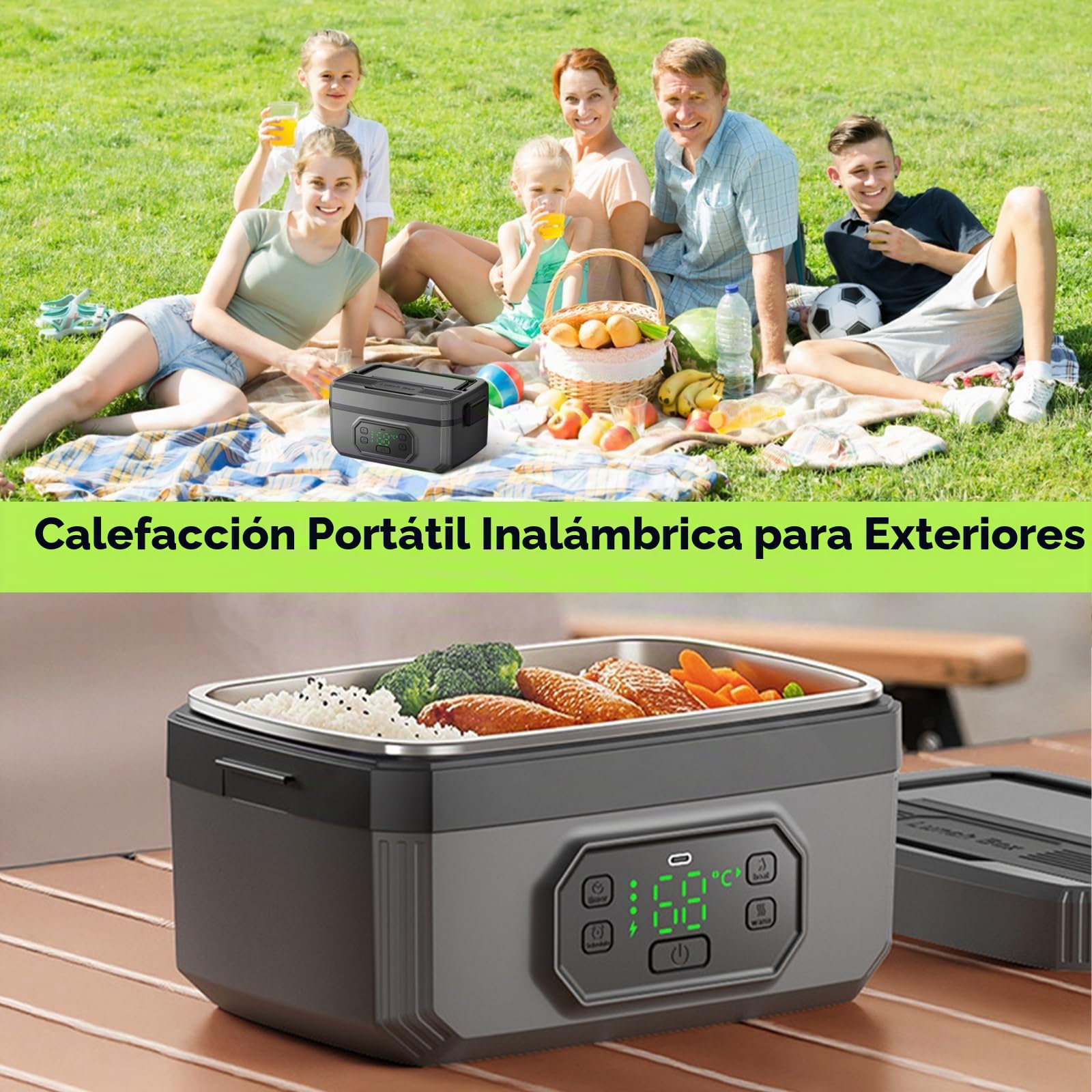 Fiambrera eléctrica con batería, fiambrera calentada portátil para adultos, recargable, con control de tiempo y función de mantenimiento del calor, para oficina, trabajo, camping