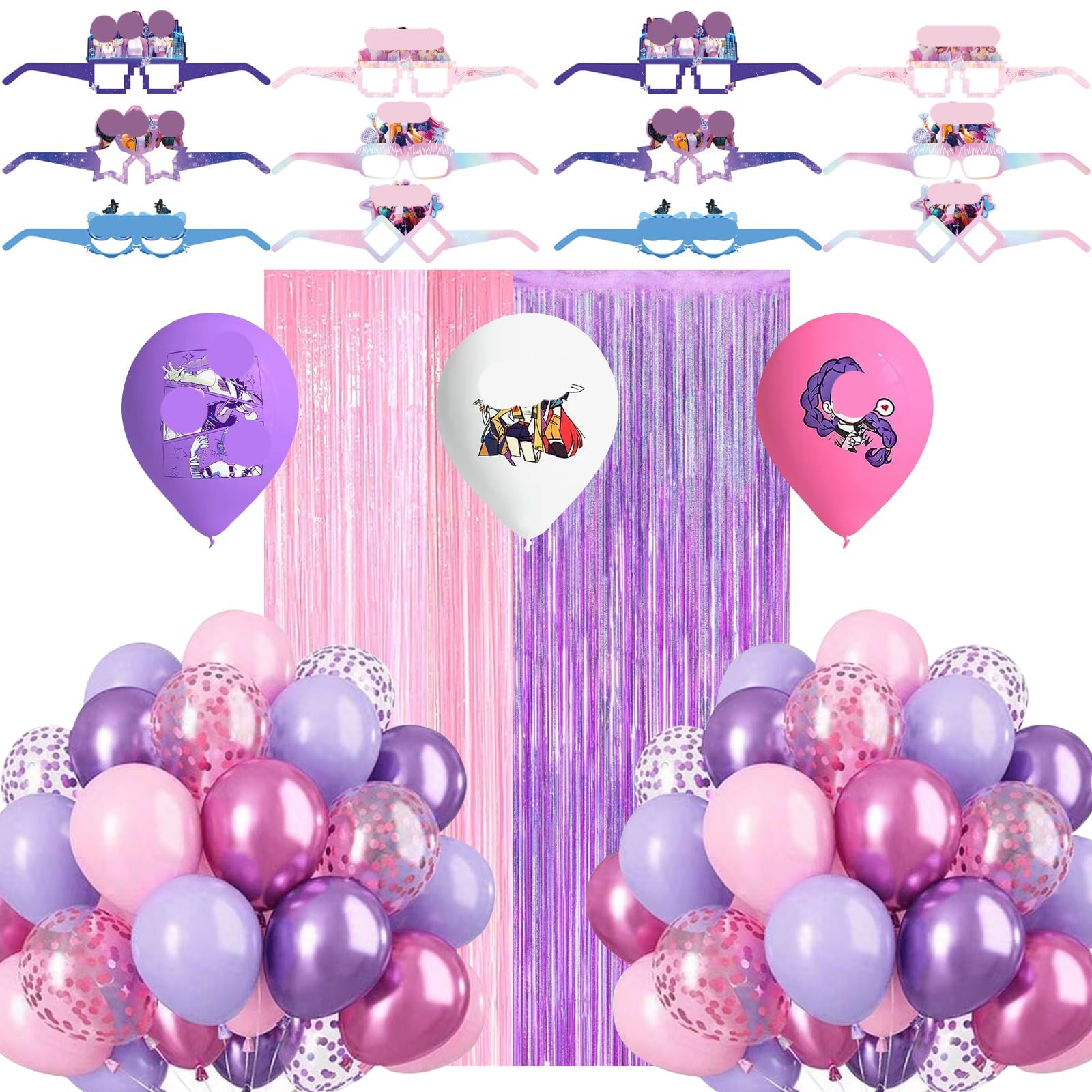 EDLMKM 62 Pcs K Pop Pink And Purple Balloons Set, KPop Birthday Decorations, Includes Balloons, Foil Fringe Curtains, 12 Pcs K-Pop Glasses, Balloon For Boys Girls Themed Events Party Decoration