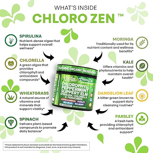 Miniatura 3 de Clean Nutra Cápsulas de clorofila + olmo resbaladizo de menta, espirulina, clorella, fenogreco, Ashwagandha, suplemento de musgo marino  Balance de