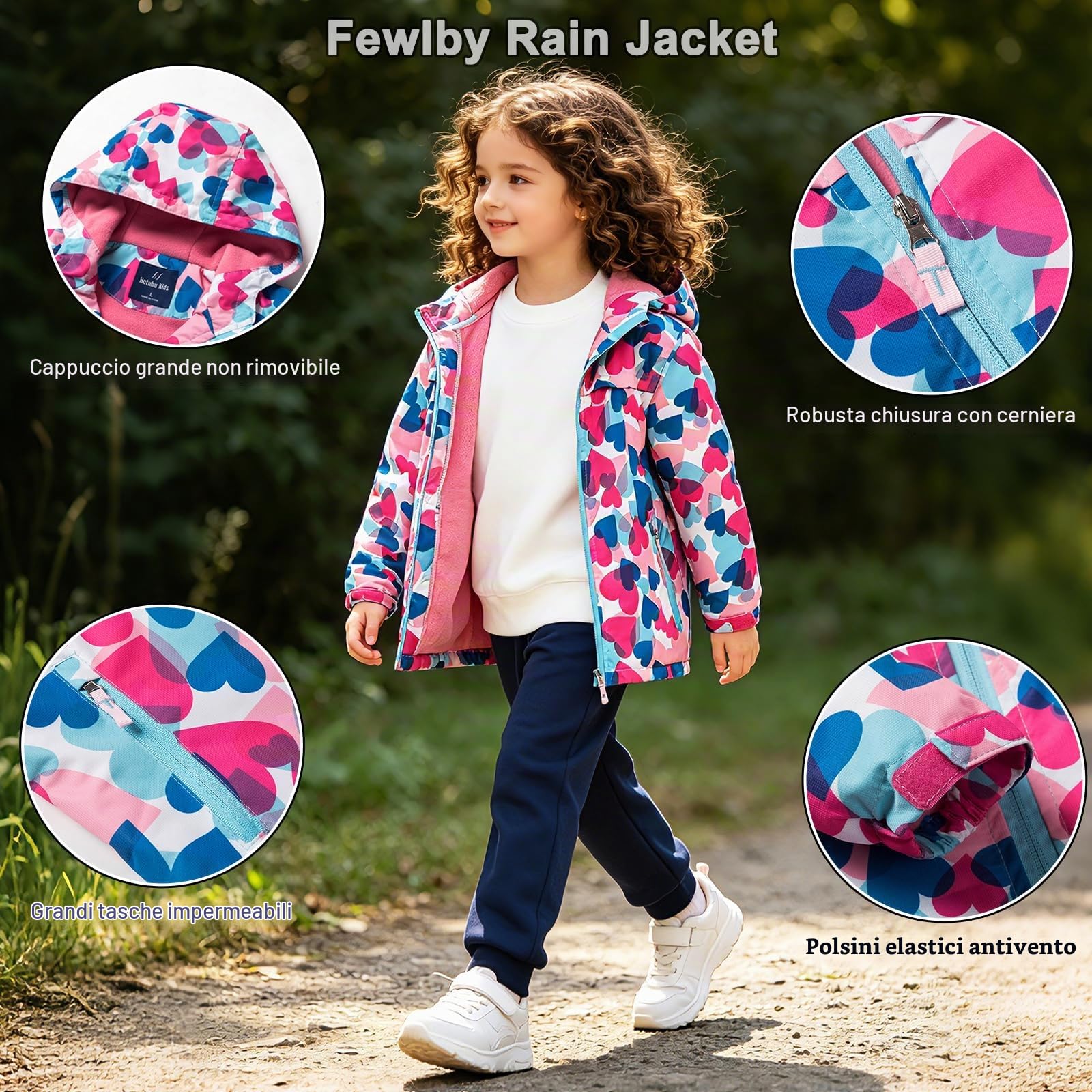 Fewlby Giacca Impermeabile con Cappuccio, Bambini Giacca a Vento Impermeabile con Cappuccio Cappotto Foderato in Pile Ragazze Capispalla, 9-10 Anni
