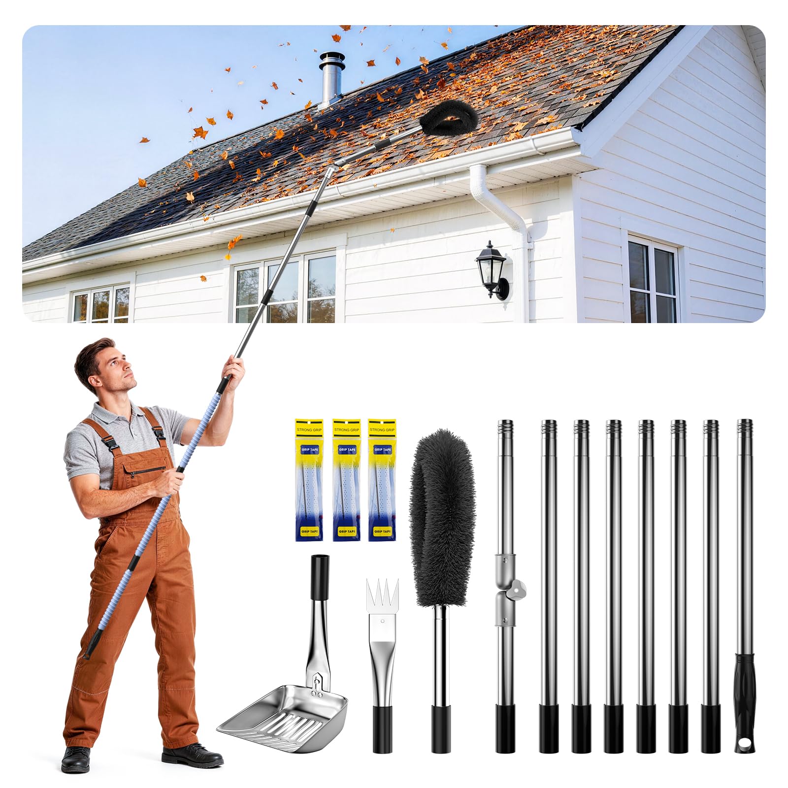 Photo 1 of 12 FT Gutter Cleaning Tools for Outdoor - Gutter Cleaner Pole with Brush & Shovel for Roof Rain Gutters, Cleans Leaves, Branches & Debris - No Ladder Needed (Black)