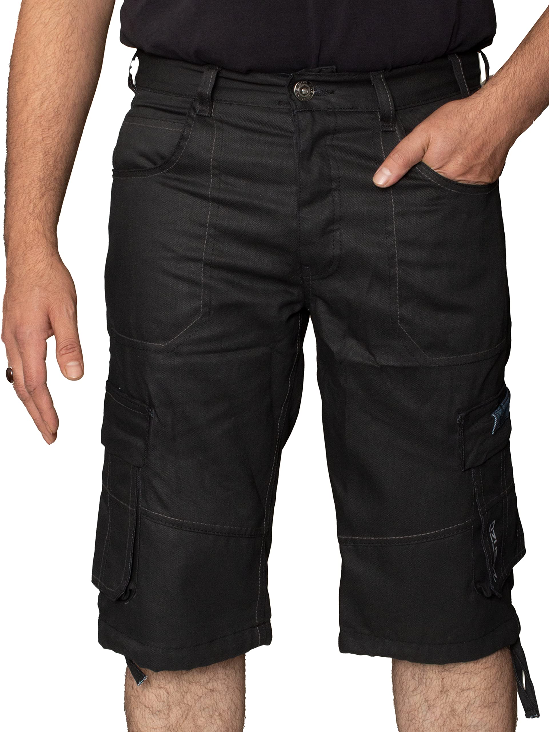 989Zé ENZO Mens Shorts EZS404 Raw Combat Cargo Pockets Casual Knee Length Denim Half Pants BLACK34