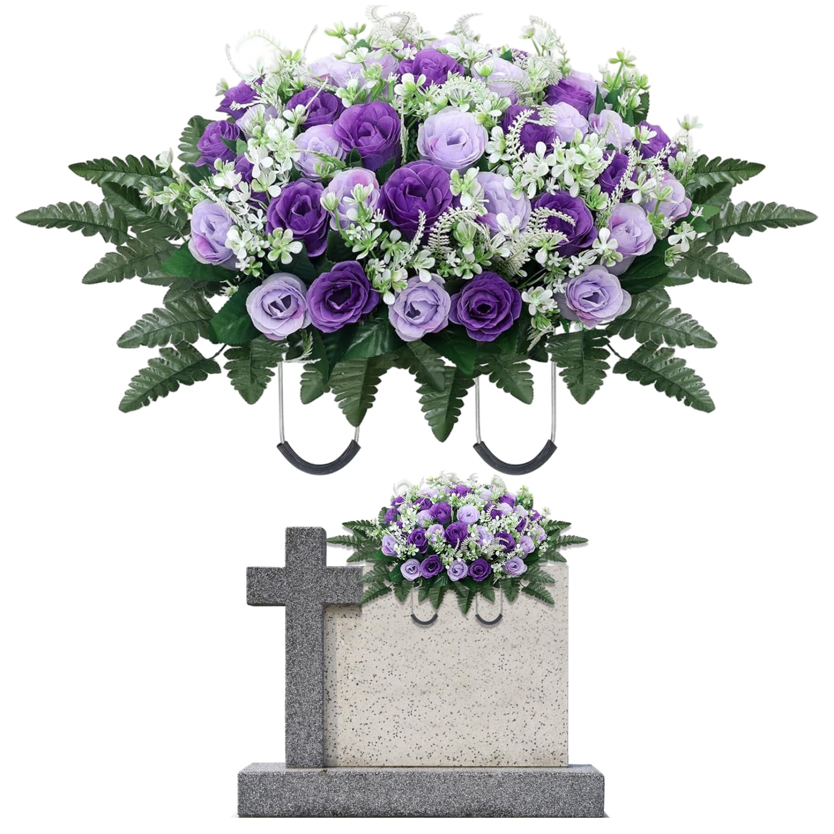 CNAFGBGG Headstone Flower Saddle, 26x14 Inch Silk Cemetery Flowers for Grave, Lifelike Purple Rose Grave Decorations for Cemetery.