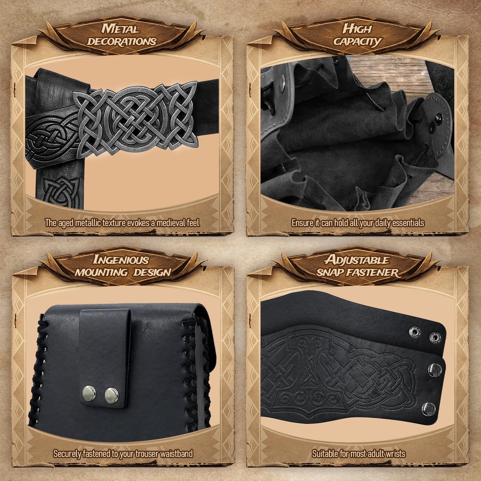 Accessoire Viking Femme Homme, Wikinger Gürtel Set, Mittelalter Gürteltasche Geprägte Kunstleder mit Manschette Armband & Lederbeutel