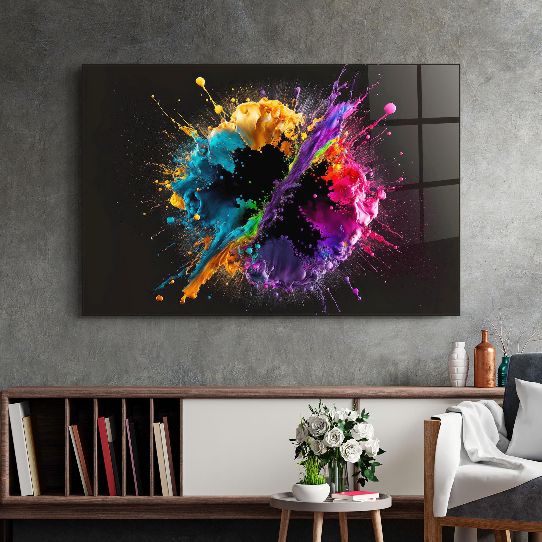 ARTHUB® Moderne impression sur verre 50x70 cm, 4mm verre trempé | Tableau en verre salon et chambre, Décoration murale moderne, Décoration intérieure, abstrait, Oily Splash Explosion