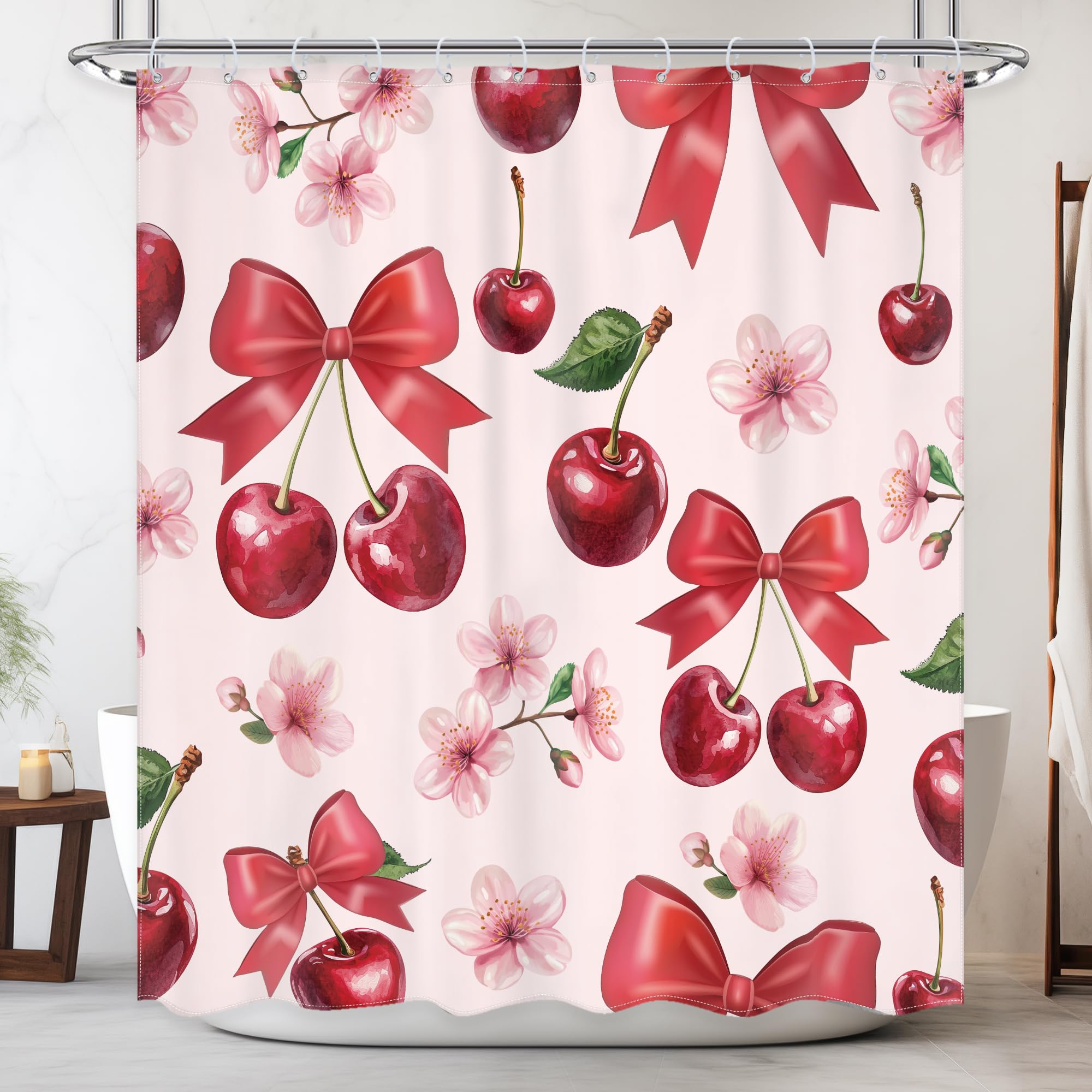 Newsely Pink Bow Cherry Shower Curtain 60Wx72H Inch Floral Red Fruit Cute Girl Girly Aesthetic Preppy Bathroom Set Modern Kids Coquette Waterproof Bath Decoration Accessories Home Decor