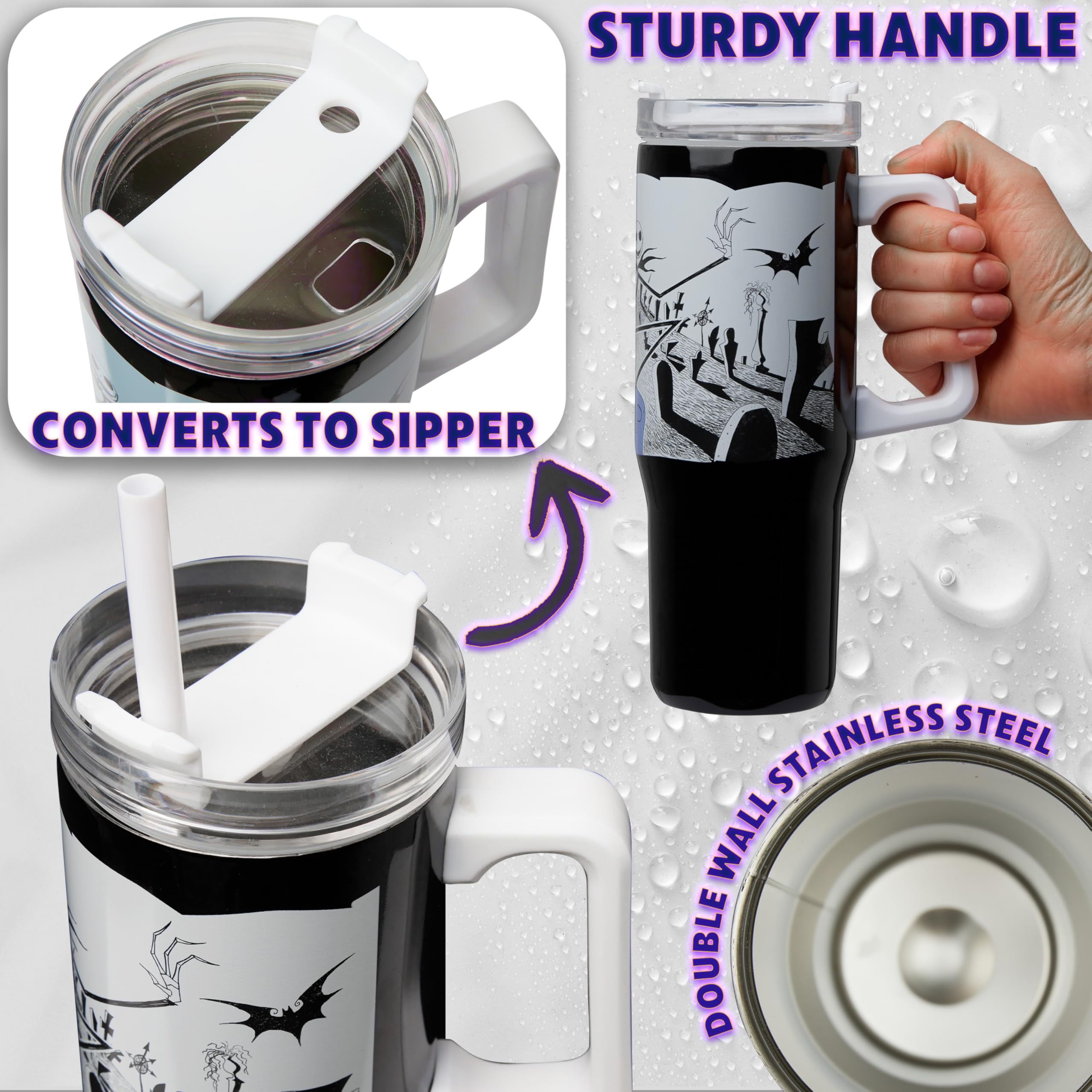 Get Trend Disney Nightmare Before Christmas Thermobecher mit Strohhalm, 940ml, Edelstahl Trinkflasche Isoliert, für Heiß- & Kaltgetränke, Kaffeebecher (Schwarz/Weiß Jack) (Packung mit 2)