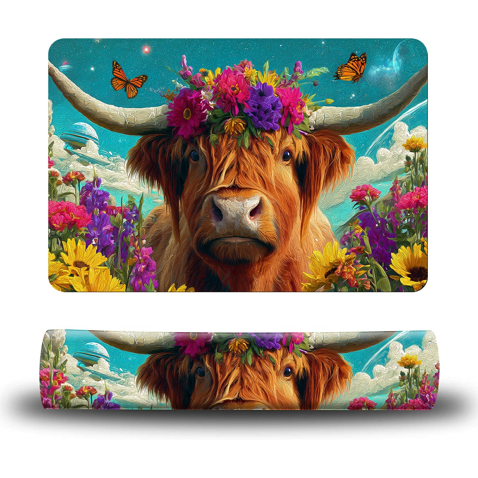 Dikoer Dog Food Mat, 19.6" x 23.6" Absorbent Pet Feeding Mat for Food and Water, Waterproof Diatom Mud Pet Placemat with Non-Slip Rubber Backing, Cat Bowl Mat for Floors - Rainbow Flower Bull