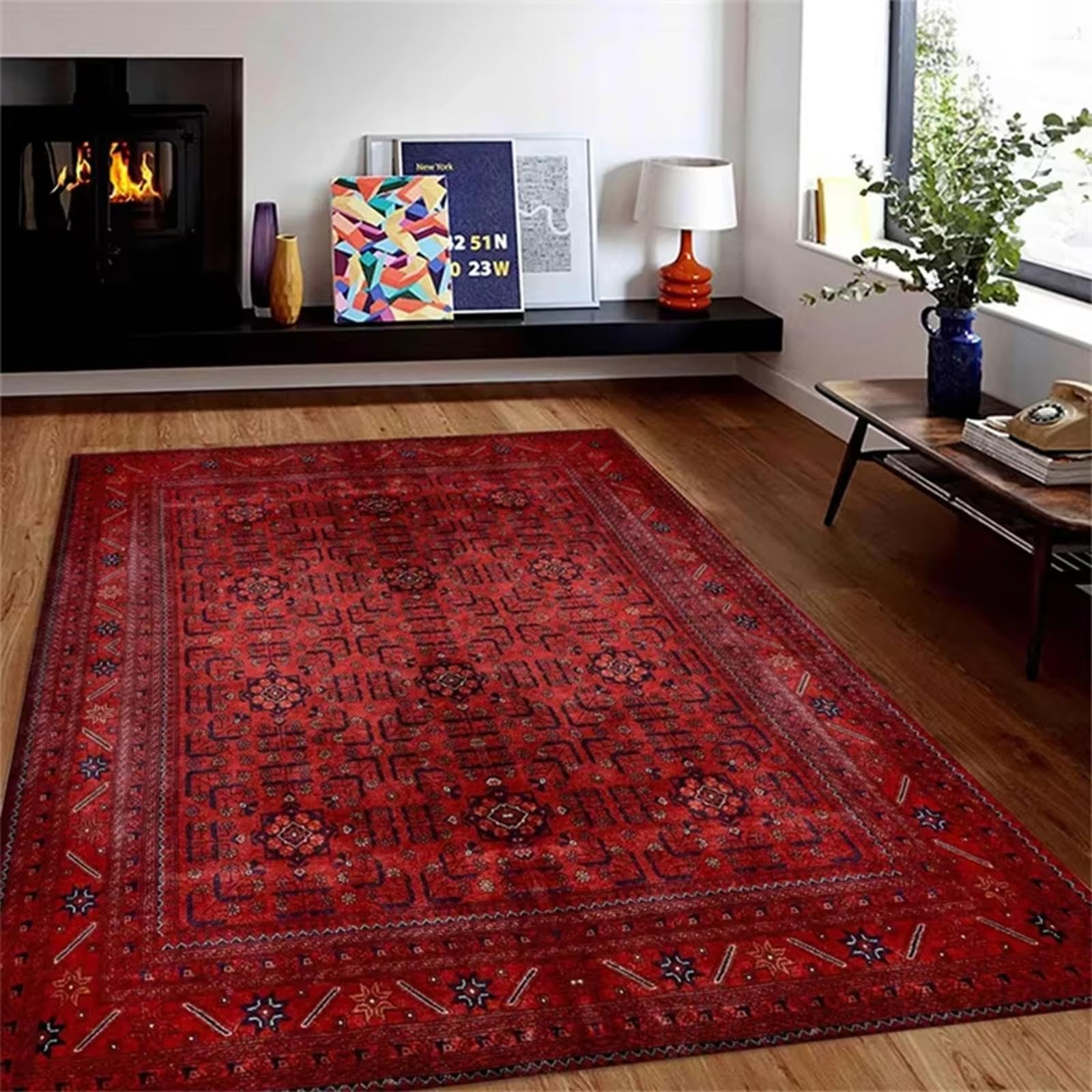 Maschinenwaschbarer Teppich mit Rutschfester Unterseite 60 x 90 cm, Multi Red Vintage Orientalischer Boho-Teppich, Persische Tribal-Textur für Küche, Schlafzimmer, Esszimmer, Wohnzimmer