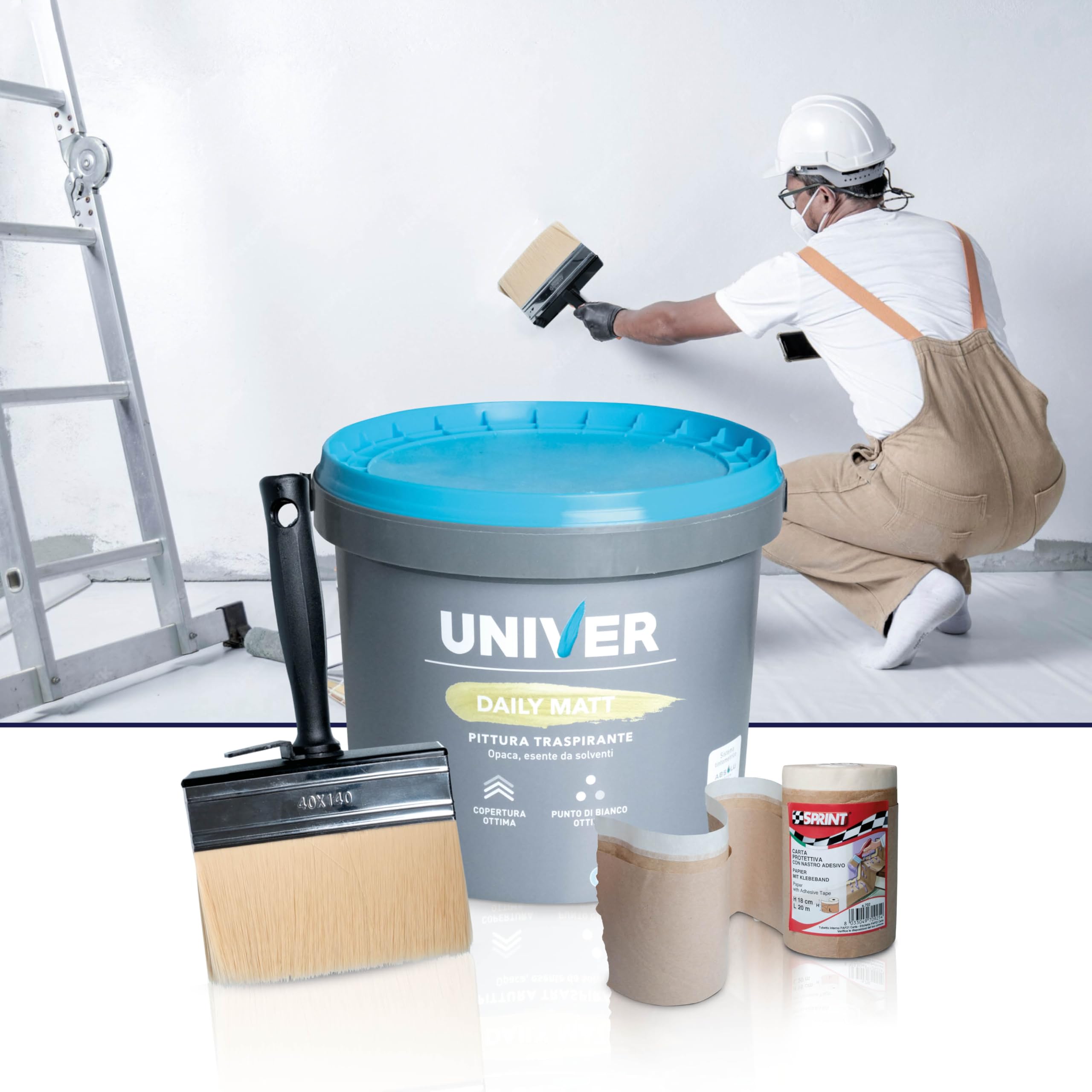 Pittura Bianca per Interni Lavabile 4 Litri Classe A+, Vernice Bianca per Muro Interno Traspirante Opaca ad Alta Copertura, con Pennello Plafone 10x4cm e Nastro per Mascheratura, Kit Pronto Uso