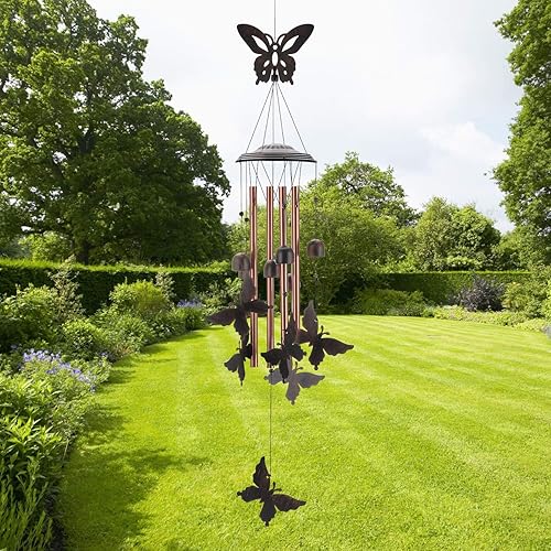 Miniatura 6 de Campanilla de viento de mariposa, campanillas de jardín de metal únicas de 35 pulgadas con 4 tubos de aluminio para regalos de mamá, para abuela,