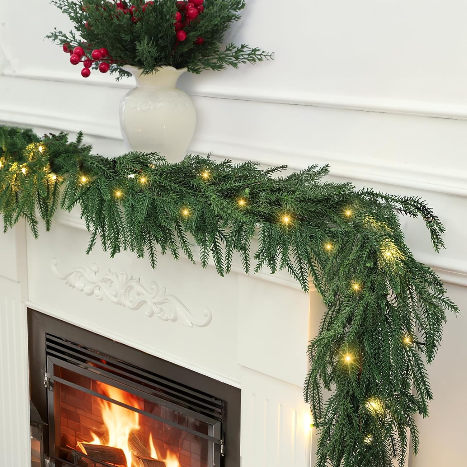 Norfolk Pine Garlands with Light ?Pre-Lit Christmas Garland,Dense Norfolk Pine Real Touch Garlandfor Table, Mantle, Staires, Wall, Premium Indoor/Outdoor Christmas Decorations (1, 6ft) 6ft 1