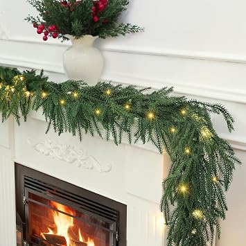 Norfolk Pine Garlands with Light ,Pre-Lit Christmas Garland,Dense Norfolk Pine Real Touch Garlandfor Table, Mantle, Staires, Wall, Premium Indoor/Outdoor Christmas Decorations 1, 6ft
