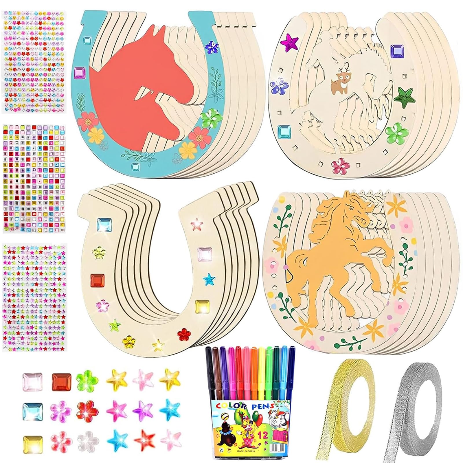 Herradura de Madera, 24 Piezas Decoración de Herraduras de Madera con 12 Bolígrafos de Acuarela 3 Pegatinas y 2 Cinta, DIY Herradura Madera Manualidades Decoración Kit para Niños Regalo