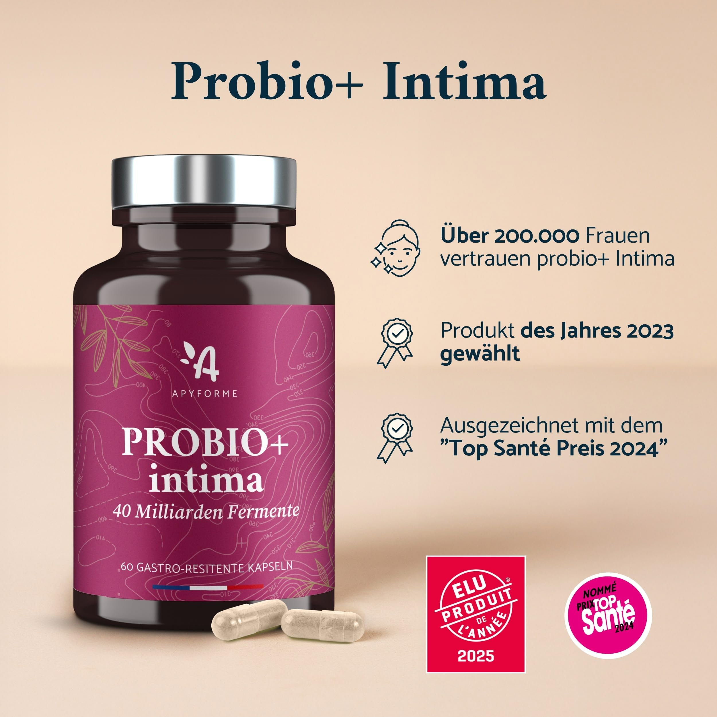 Apyforme - Bakterienstämme für Frauen - Bis zu 40 Milliarden KBE/Tag - 4 Lactobacillus-Stämme: Reuteri, Rhamnosus, Crispatus und Acidophilus - 60 Kapseln - Probio+ Intima