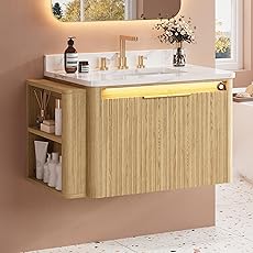 IRONCK 30" Bathroom Vanity with Ceramic Sink, Freestanding Bathroom Sink Cabinet with 2 Drawers & 1 Flip-Down Drawer, Wood Grain Texture, Farmhouse