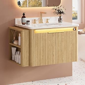 IRONCK 30" Bathroom Vanity with Ceramic Sink, Freestanding Bathroom Sink Cabinet with 2 Drawers & 1 Flip-Down Drawer, Wood Grain Texture, Farmhouse