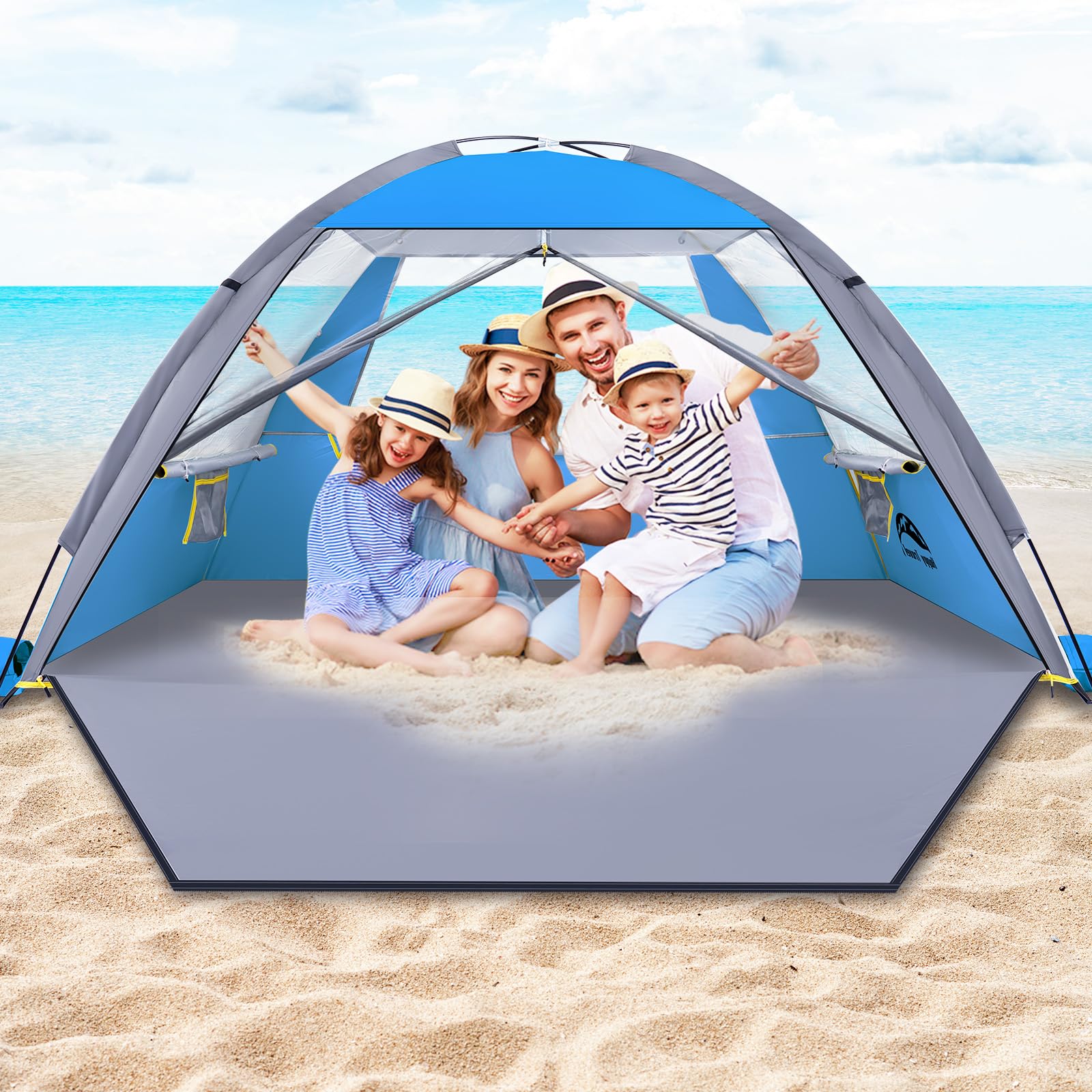 Happy Travel Beach Tent, UPF 50+ UV Protection Sun Shade Shelter for 3/4/5/6/7/8 Person, Portable Beach Canopy for Family & Baby, Lightweight & Easy Setup Beach Cabana with 3 Ventilation Mesh Windows