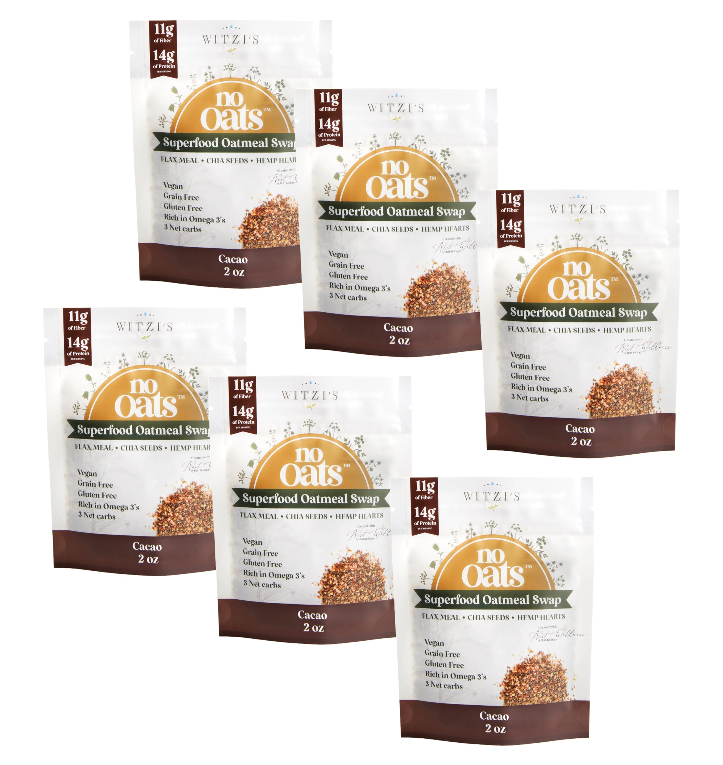 Witzi'sNoOats - Grain Free Overnight Oatmeal Swap - Grain Free, Gluten Free, No Sugar, Low Carb, Vegan, Keto, Superfood Seed Mix - Cacao Flavor, 2oz (Pack of 6)
