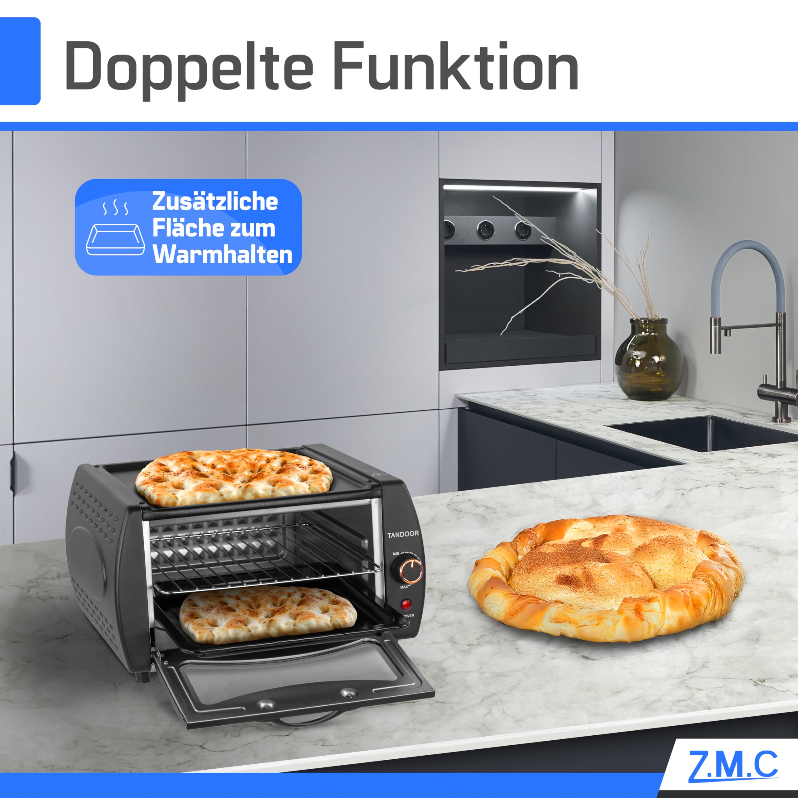 Z.M.C Mini Tandoor Backofen 2100W 22L | Minibackofen für Lahmacun, Börek, Pizza, Naan & Fladenbrot | inkl. Backblech & Grillrost | schnelles Aufheizen | für Zuhause & Küche