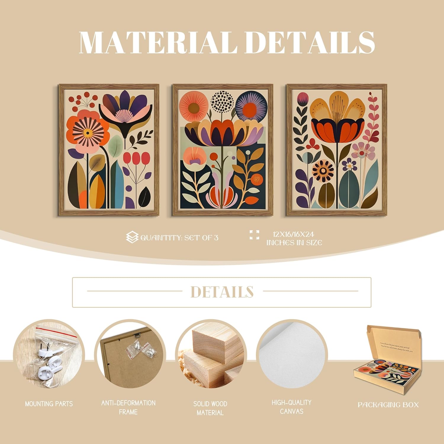 Framed Colorful Floral Wall Art Set of 3, Abstract Scandinavian Flower Canvas Wall Decor Paintings, Mid Century Modern Botanical Artwork Pictures Prints for Living Room Bedroom Dining Room 12x16 Inch