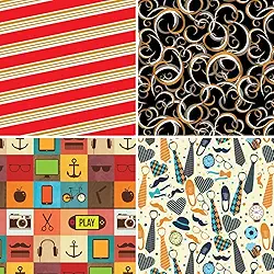Papel para Presente, 50cm X 60cm, Couchê, Fantasia, Masculino II, 4 Estampas Sortidas, Pacote com 40 Folhas, Gessele