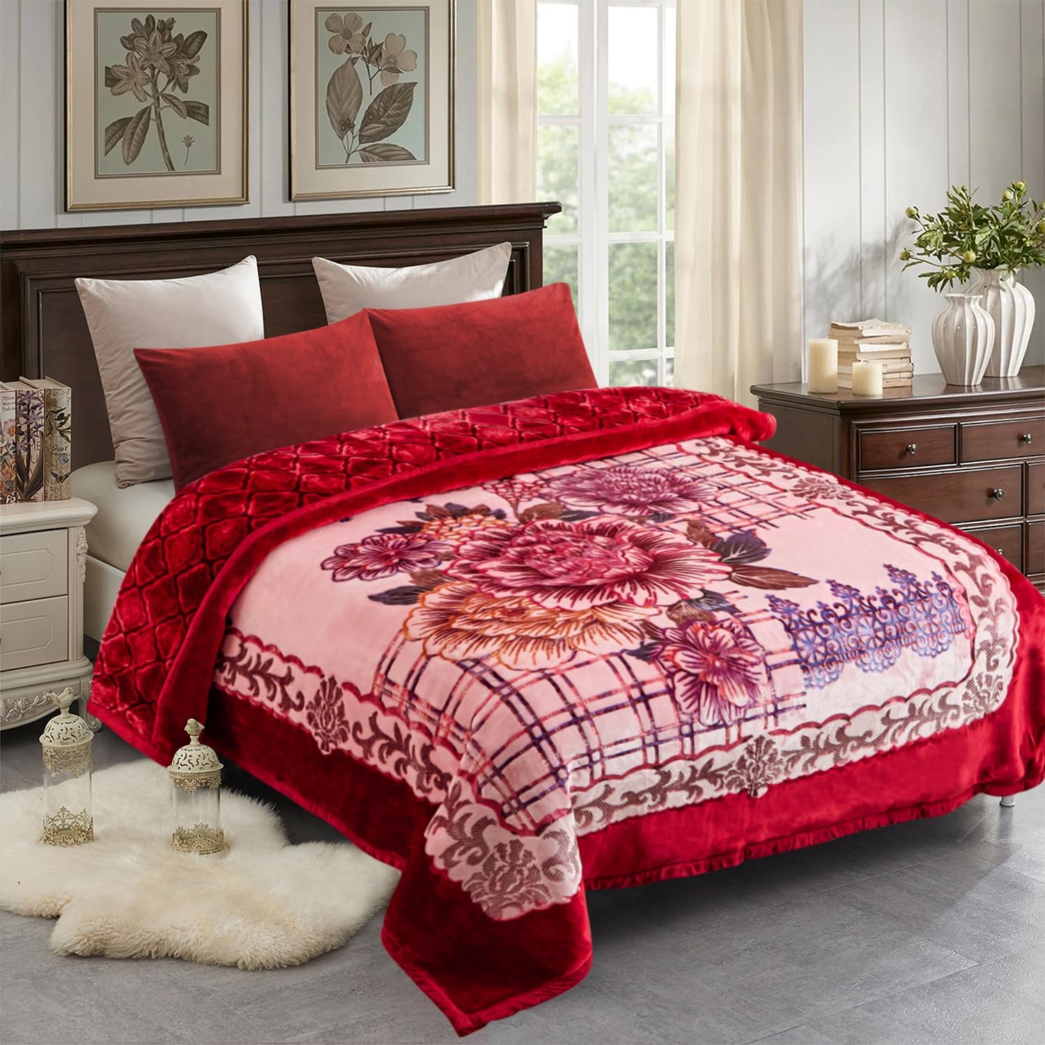 JML Korean Style Mink Blanket Heavy King Size 87" x 94", 10.5 Pounds Plush Fleece Blankets for Winter- Silky Soft and Warm, 2 Ply A&B Printed Embossed Raschel Bed Blanket (Burgundy Floral)