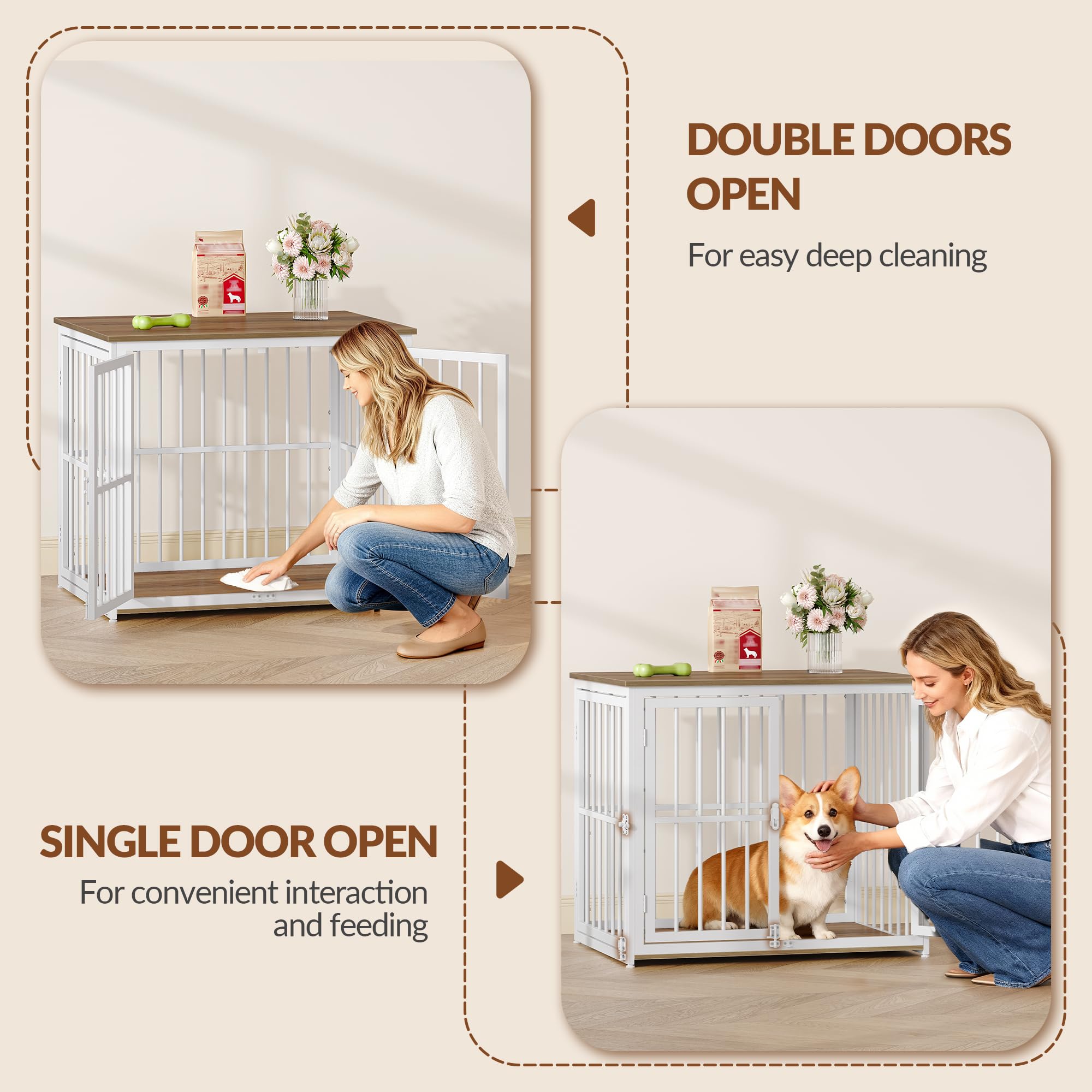 Hundekäfig Möbel, 80cm Hundebox für Zuhause mit 3 Türen, Hundebox Holz Indoor, Beistelltisch, Hundekäfig Hochbelastbar, für Kleine und Mittelgroße Hunde, 80x60x70cm, Vintagebraun & Weiß