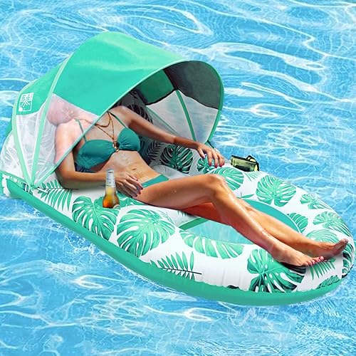 Miniatura 9 de Flotador de Piscina con Toldo UPF50+, Flotadores de Piscina Extra Grandes para Adultos de Alta Resistencia, Flotador Inflable con Soporte para Tazas