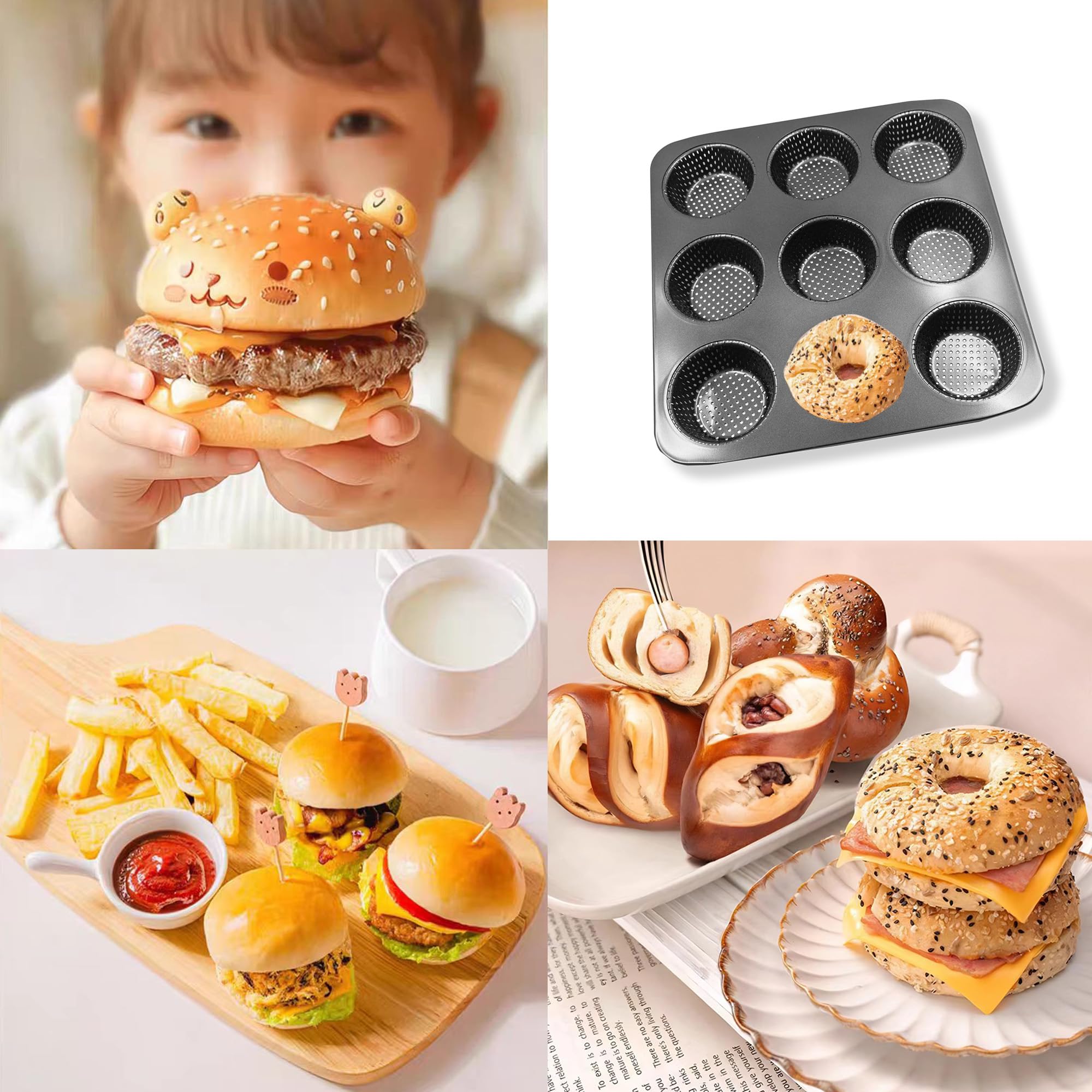 Molde para hornear hamburguesas de 9 cavidades, bandeja antiadherente de acero al carbono con agujeros de ventilación para bollos, magdalenas y pasteles caseros