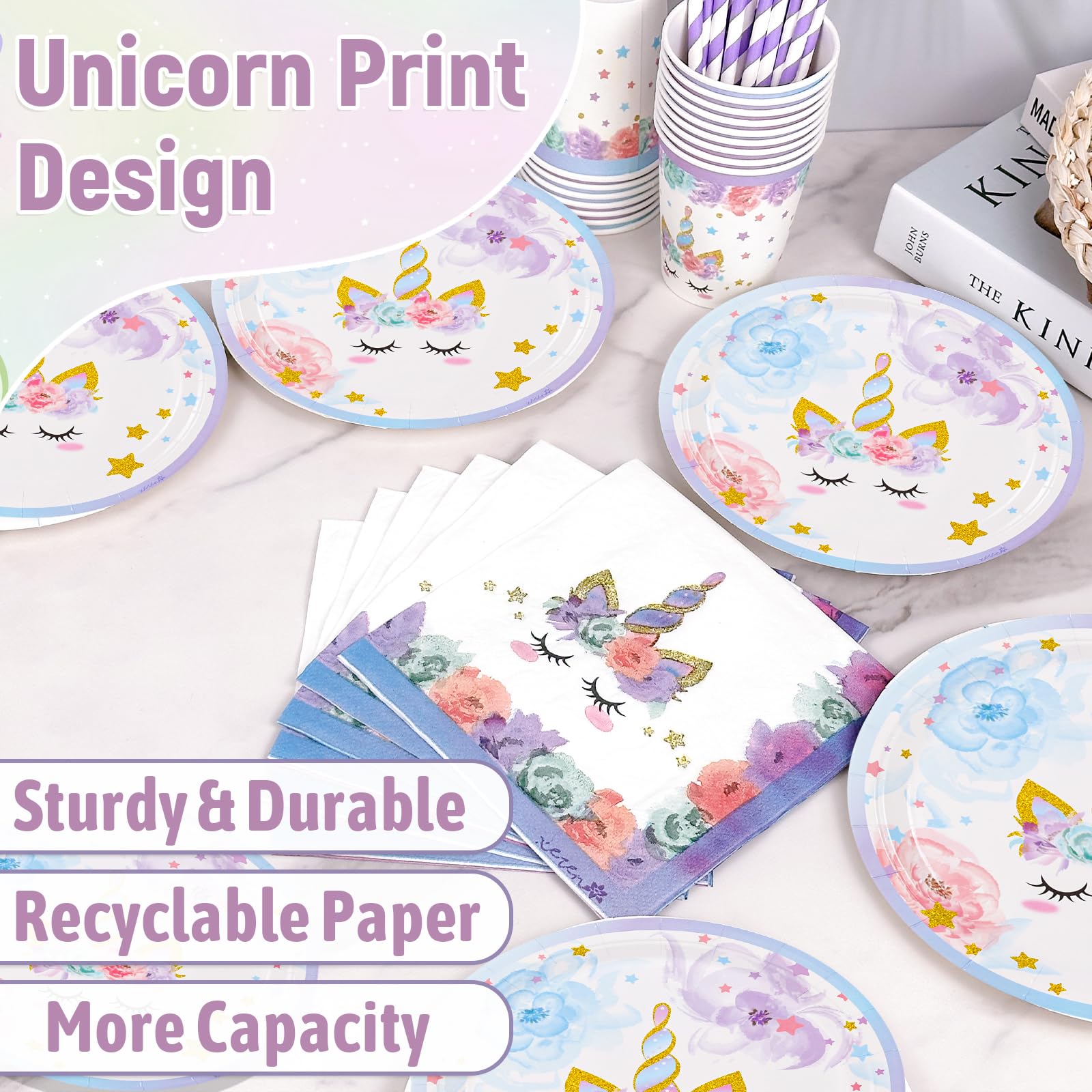 Stoviglie per Feste, Unicorno Palloncini Decorazioni Compleanno 6 Anni con Farfalla Palloncini, Decorazioni Unicorno Compleanno per 6 Anni Ragazze 16 Ospiti