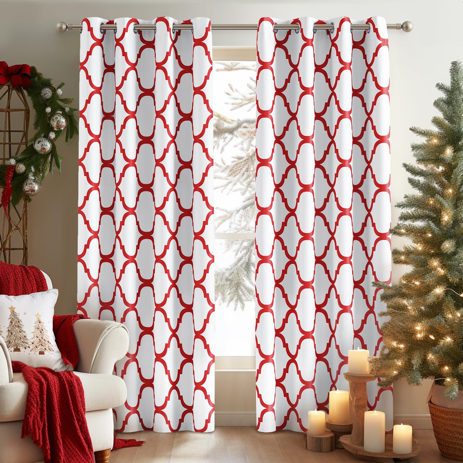 Melodieux Moroccan Printed Room Darkening Blackout Grommet Curtains for Bedroom Small Windows, 42 by 45 Inch, Off White/Red (2 Panels)