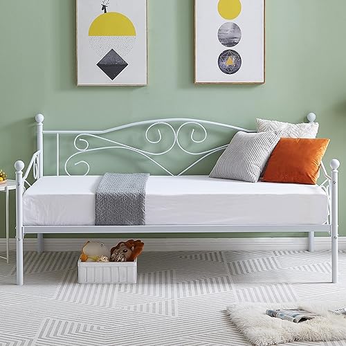 VECELO Premium Daybed Metal Bed Frame Twin Size Steel Slat Support/Strong Legs Headboard/Mattress Foundation, Multi-Functional Furniture (Classic Bed)